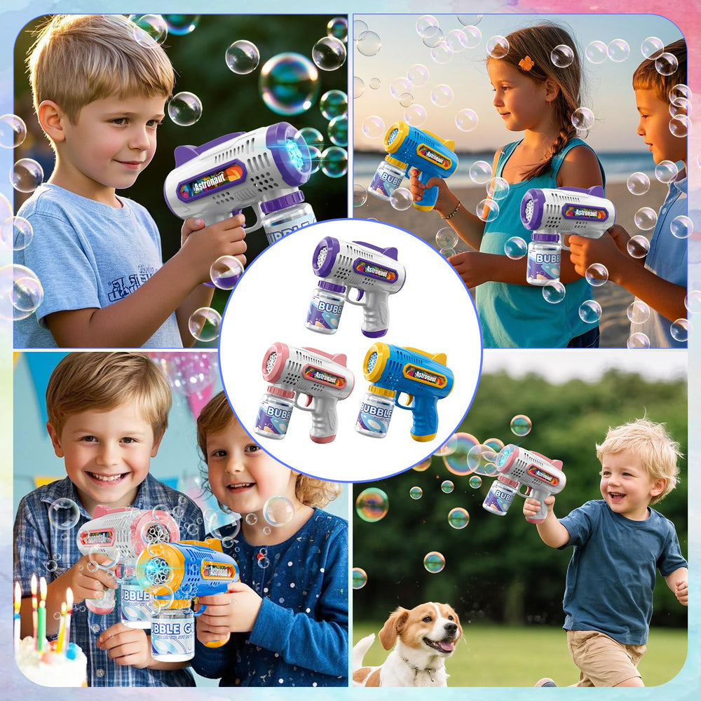 Britik kids enjoy outdoor bubble play with a triple-gun setup.