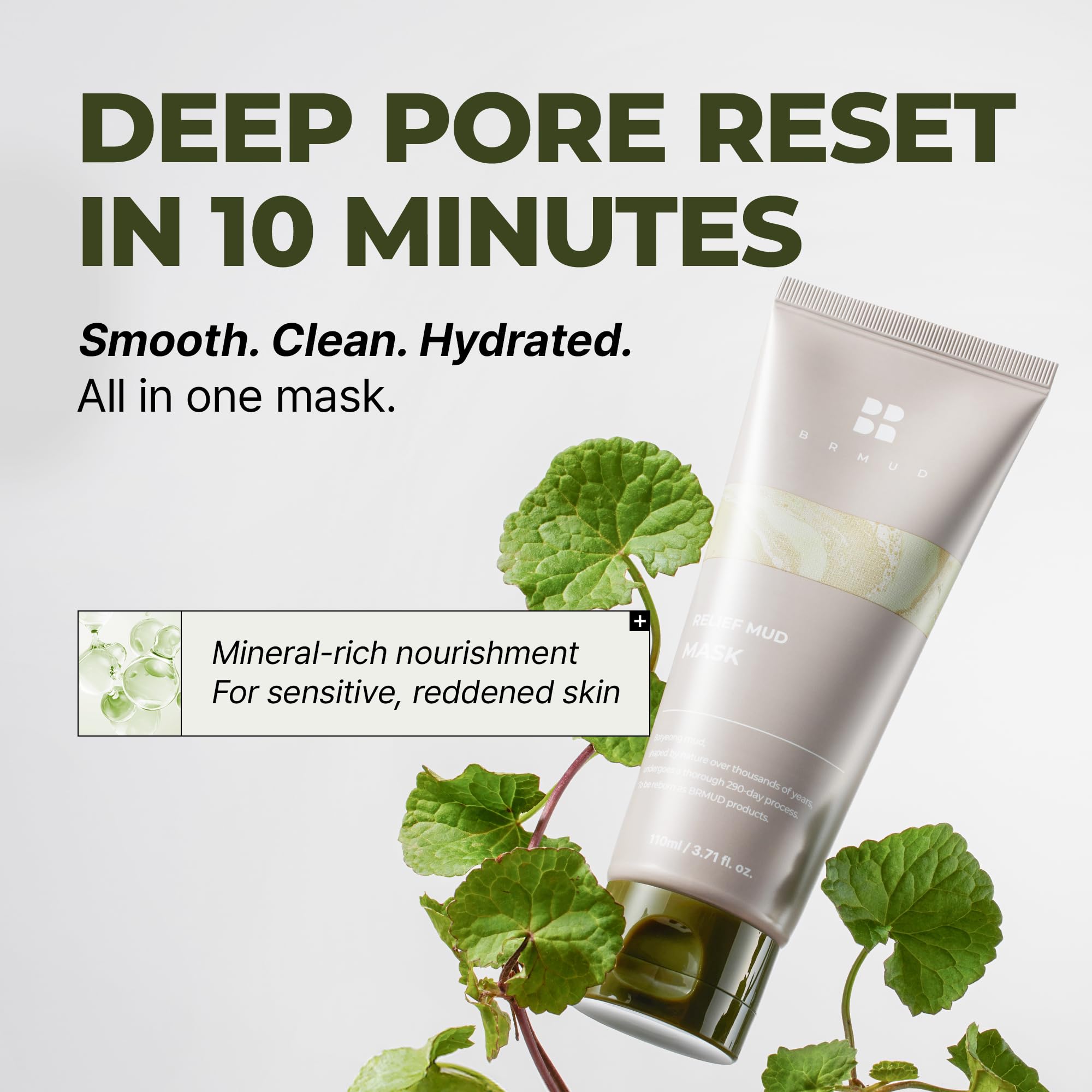 BRMUD Relief Mud Mask whipped-cream texture ready for gentle exfoliation and coverage.