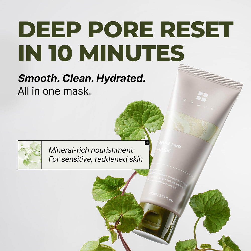 BRMUD Relief Mud Mask whipped-cream texture ready for gentle exfoliation and coverage.