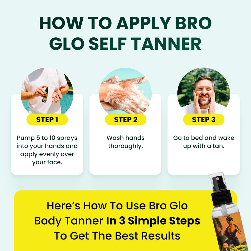 Bro Glo self tanner quick dry finish for a clean morning routine.