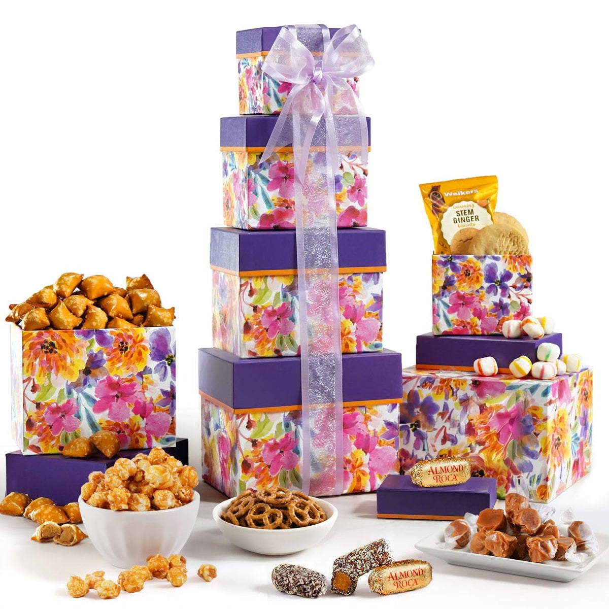 Broadway Basketeers Easter Gift Tower Box, ideal for gifting and sharing snacks.