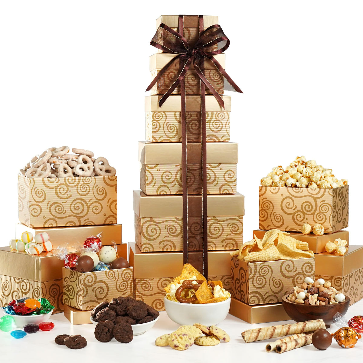 Broadway Basketeers elegant tower packaging showcases a ready-to-gift presentation.