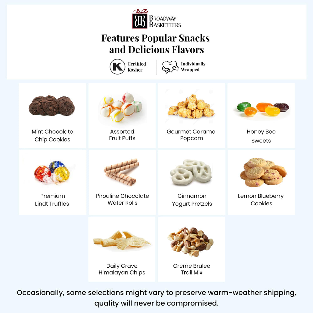 Broadway Basketeers gourmet cookies assortment in the tower offers variety for gifting.