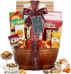 Broadway Basketeers sympathy gift basket packaging, ready to gift with bow.