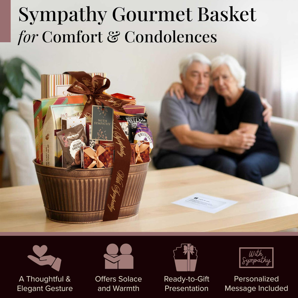 Broadway Basketeers sympathy snack assortment with cookies, chocolate, and popcorn.
