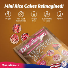 Drizzilicious close-up reveals chocolatey strawberry bits in a crisp rice cake.