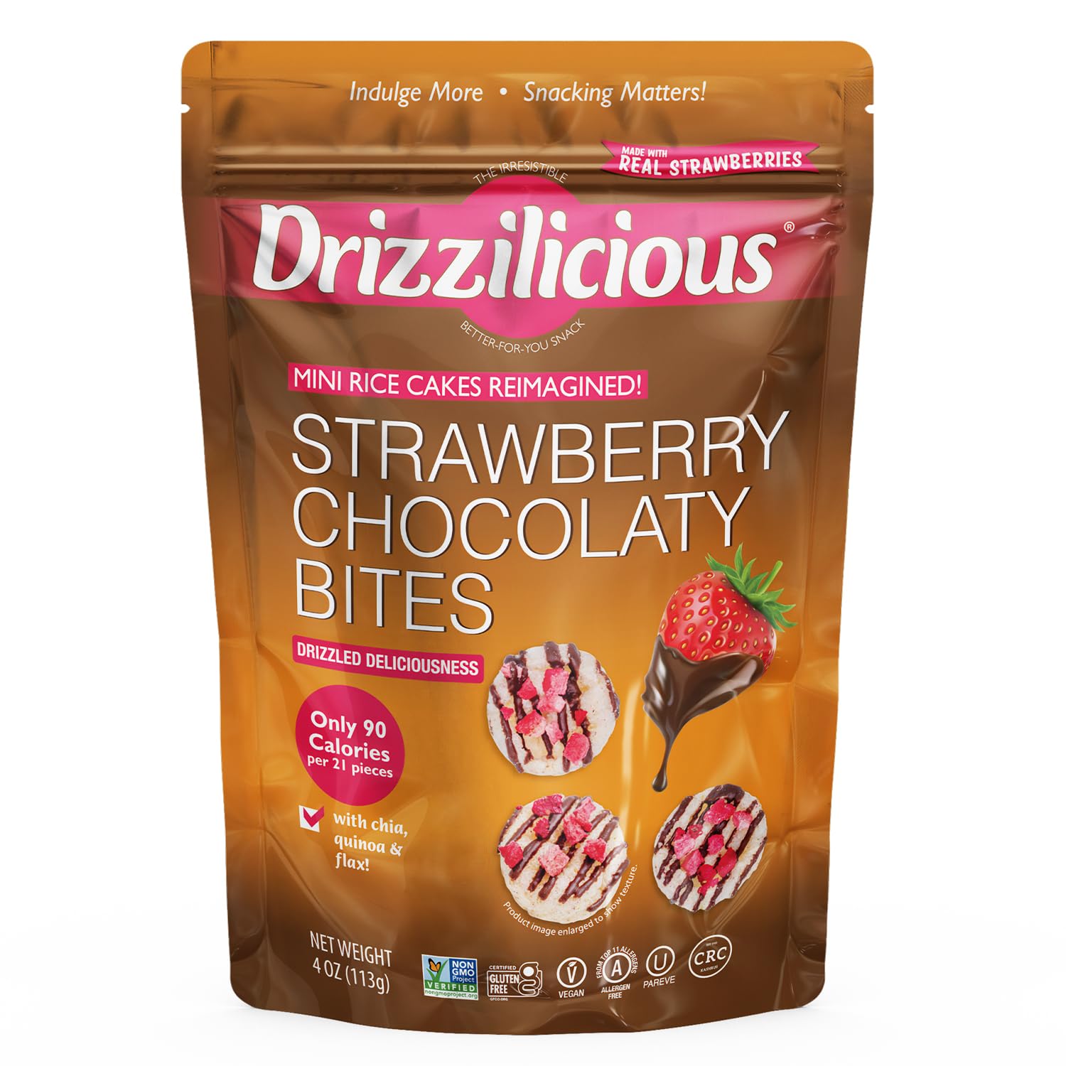Broadway Candy Drizzilicious Strawberry Bites packaging shows vegan and gluten-free mini rice cakes.
