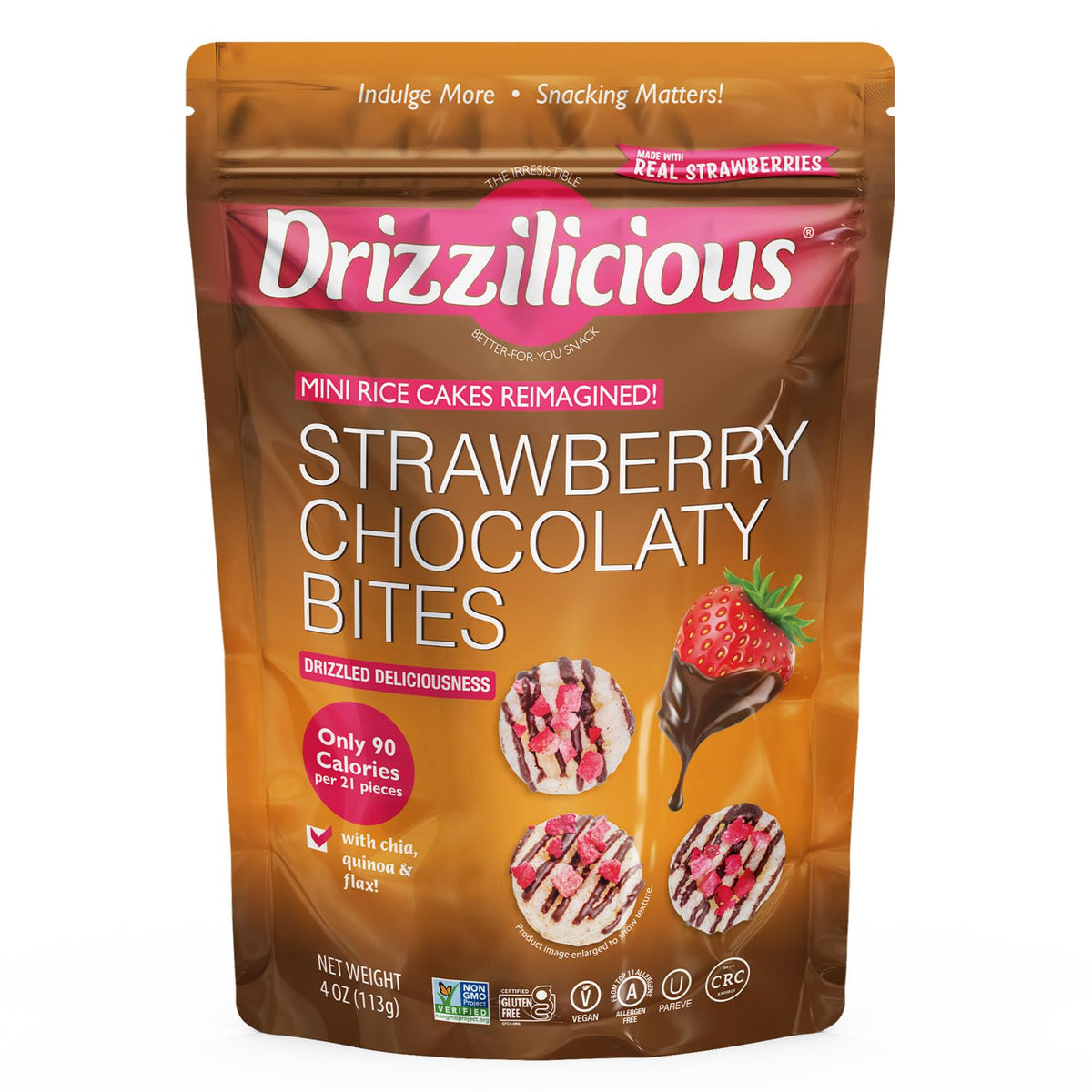 Broadway Candy Drizzilicious Strawberry Bites packaging shows vegan and gluten-free mini rice cakes.