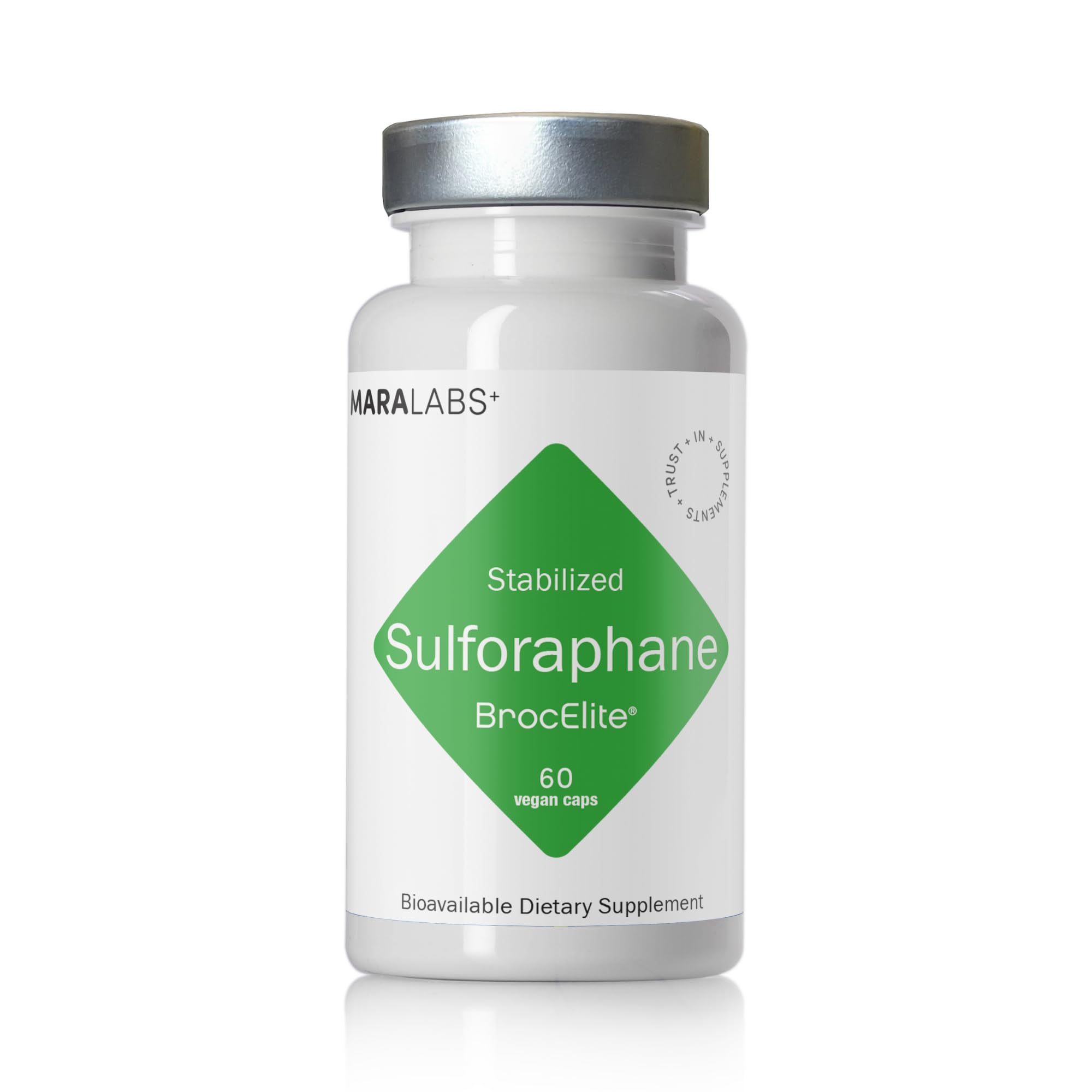BrocElite Mara Labs Plus bottle front view showing vegan capsules for daily wellness