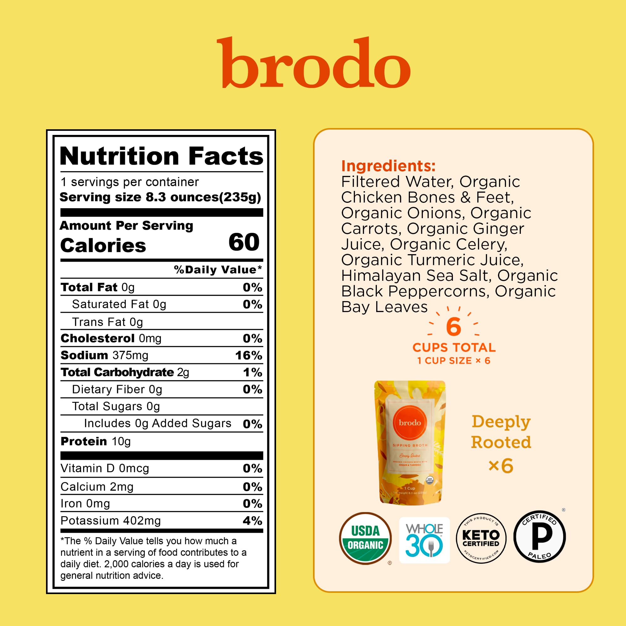 Brodo Deeply Rooted pasture-raised chicken broth bottle ideal for soups and stews