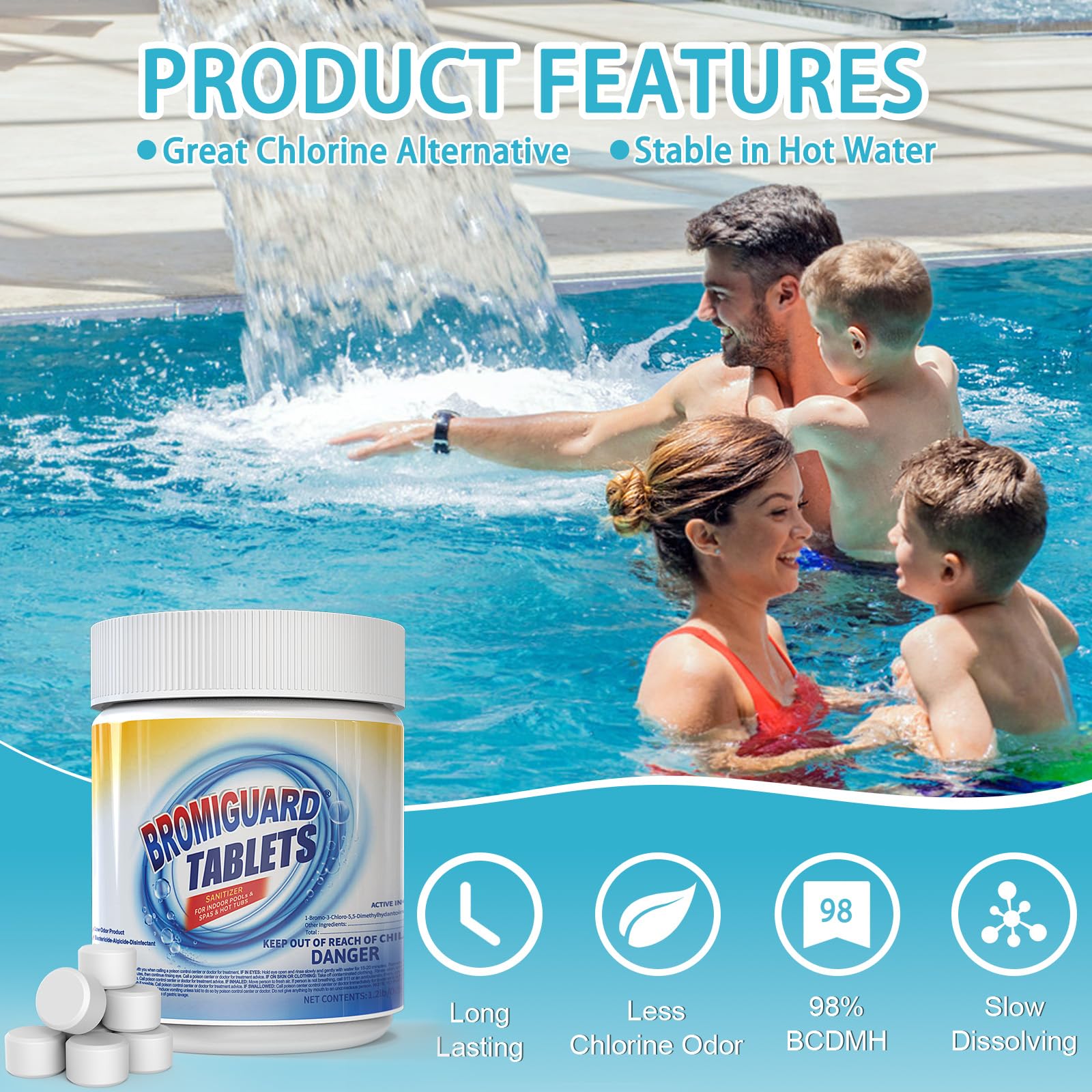 BROMIGUARD bromine tablets delivering a soft water feel in spa soak.