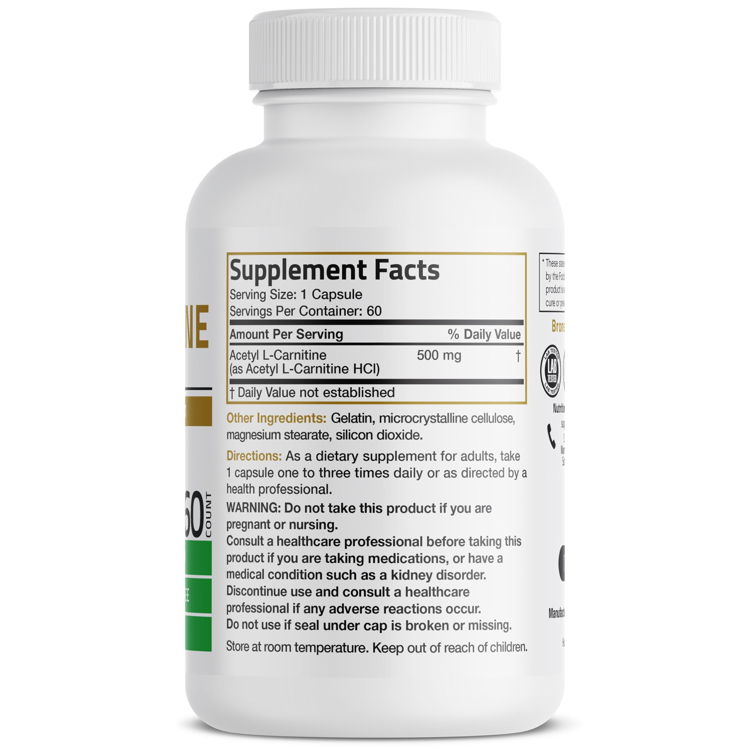 Bronson Acetyl L-Carnitine 500 mg bottle shown for convenient daily use