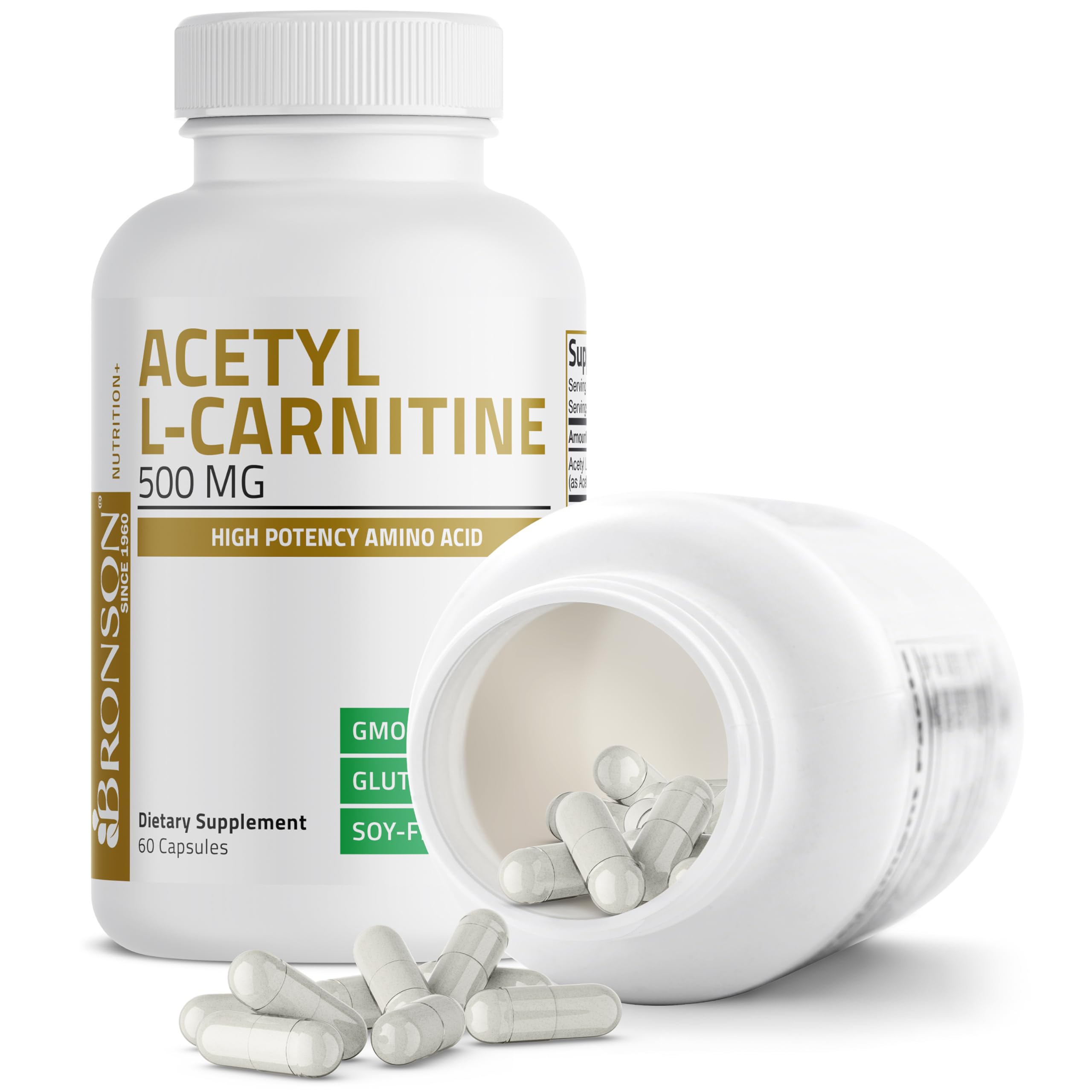 Bronson Acetyl L-Carnitine 500 mg ingredients panel emphasizes GMO-free formulation