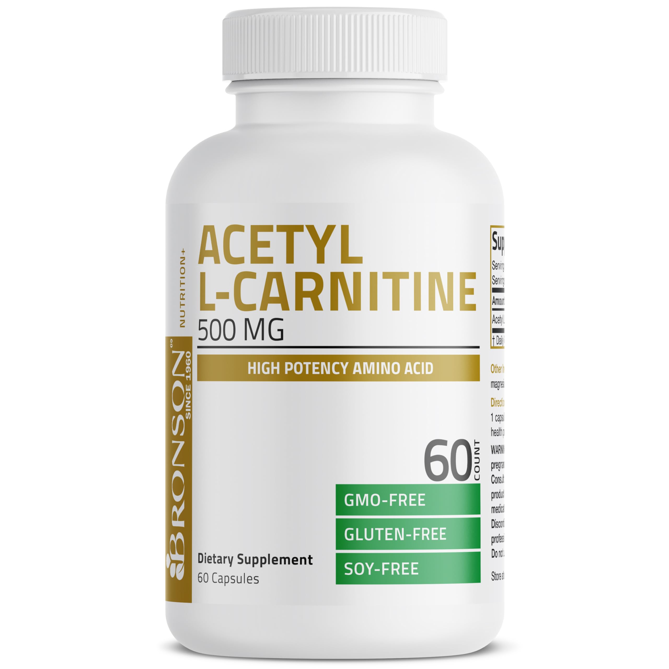 Bronson Acetyl L-Carnitine 500 mg label highlights potency and serving size