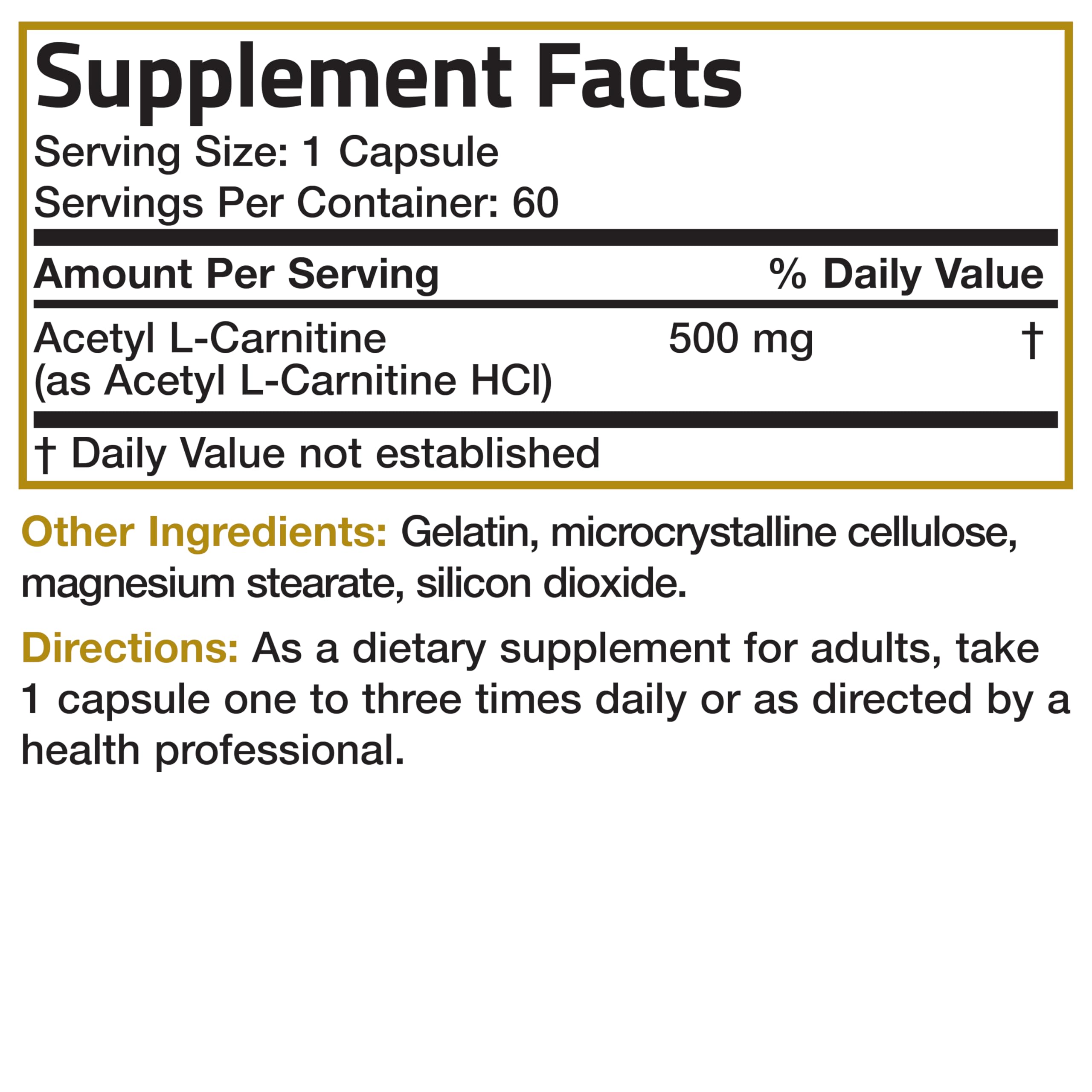 Bronson Acetyl L-Carnitine 500 mg packaging box shows cGMP compliance