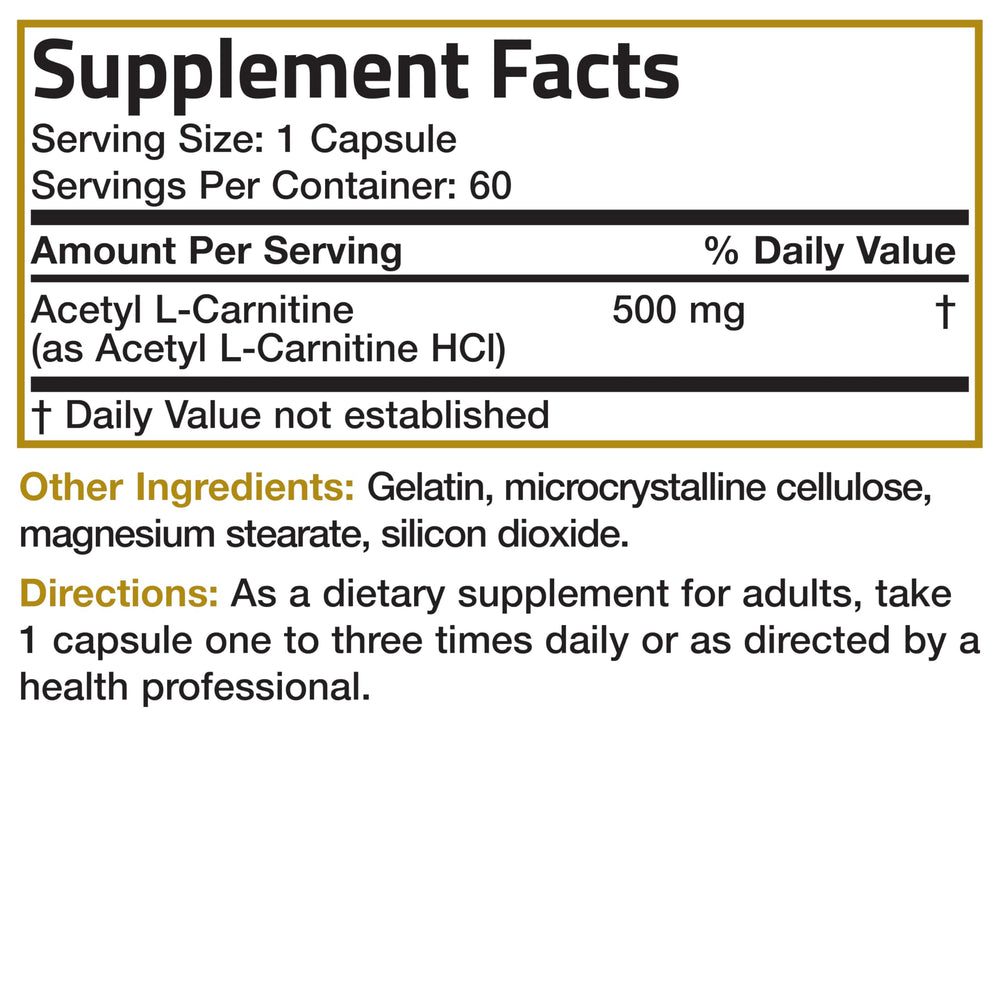 Bronson Acetyl L-Carnitine 500 mg packaging box shows cGMP compliance