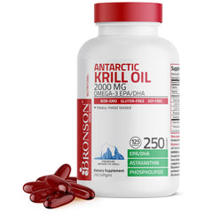 Bronson Antarctic Krill Oil bottle showcases omega-3 rich formula for daily wellness.