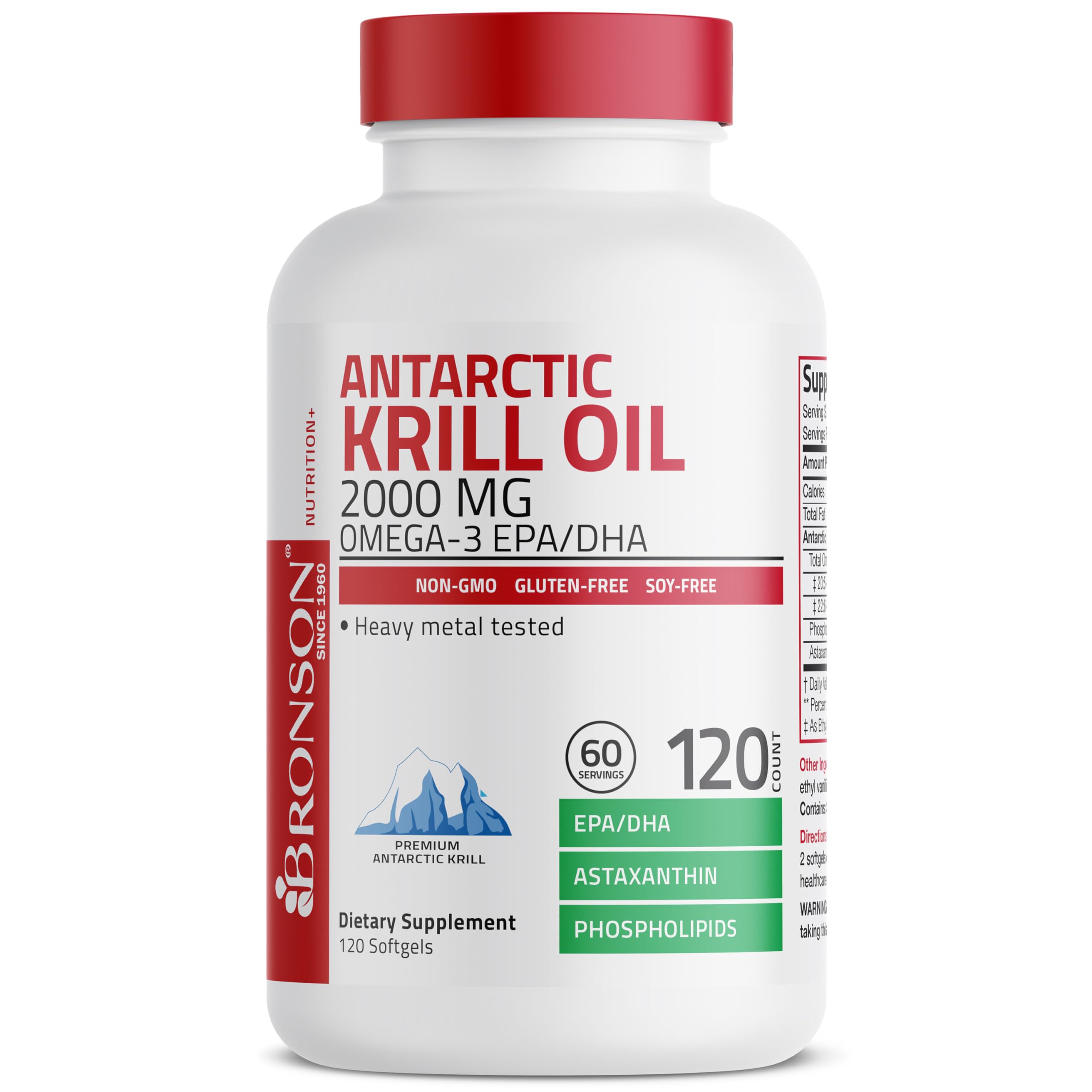 Bronson Antarctic Krill Oil ingredients visual featuring EPA, DHA, phospholipids, and astaxanthin