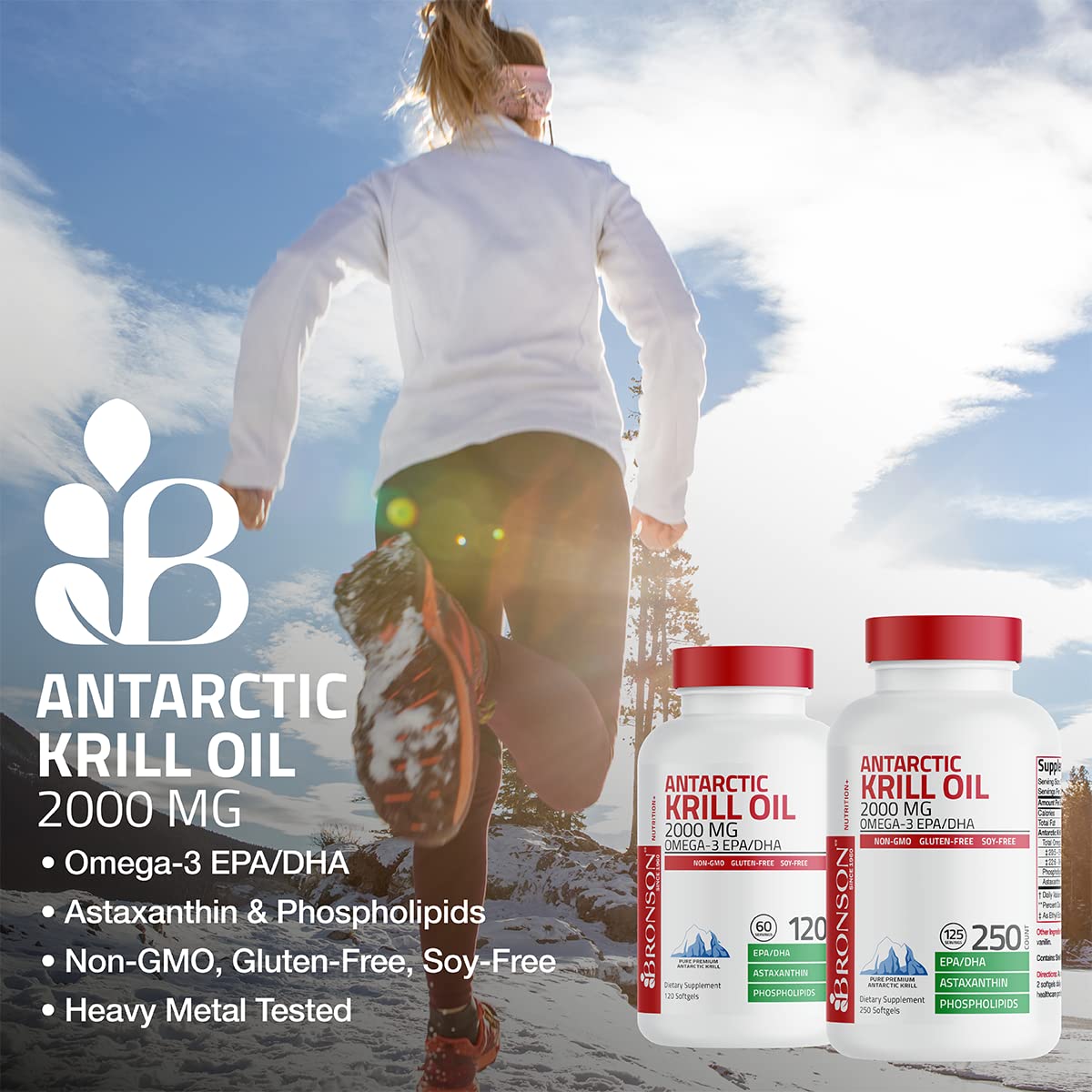 Bronson Antarctic Krill Oil label on bottle shows quality ingredients and brand