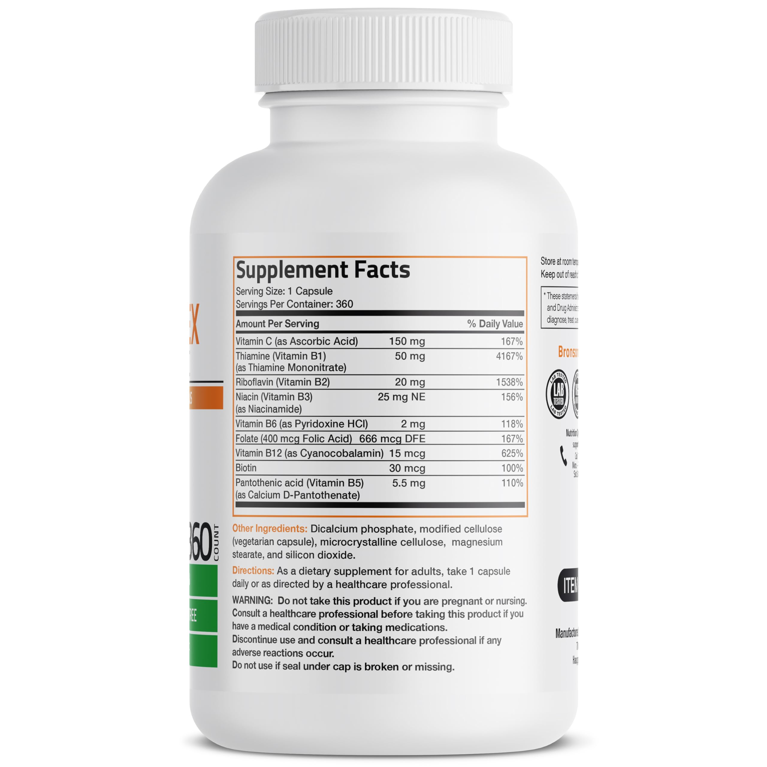 Bronson B-Complex bottle label close-up highlighting vitamins for immune and nervous system support