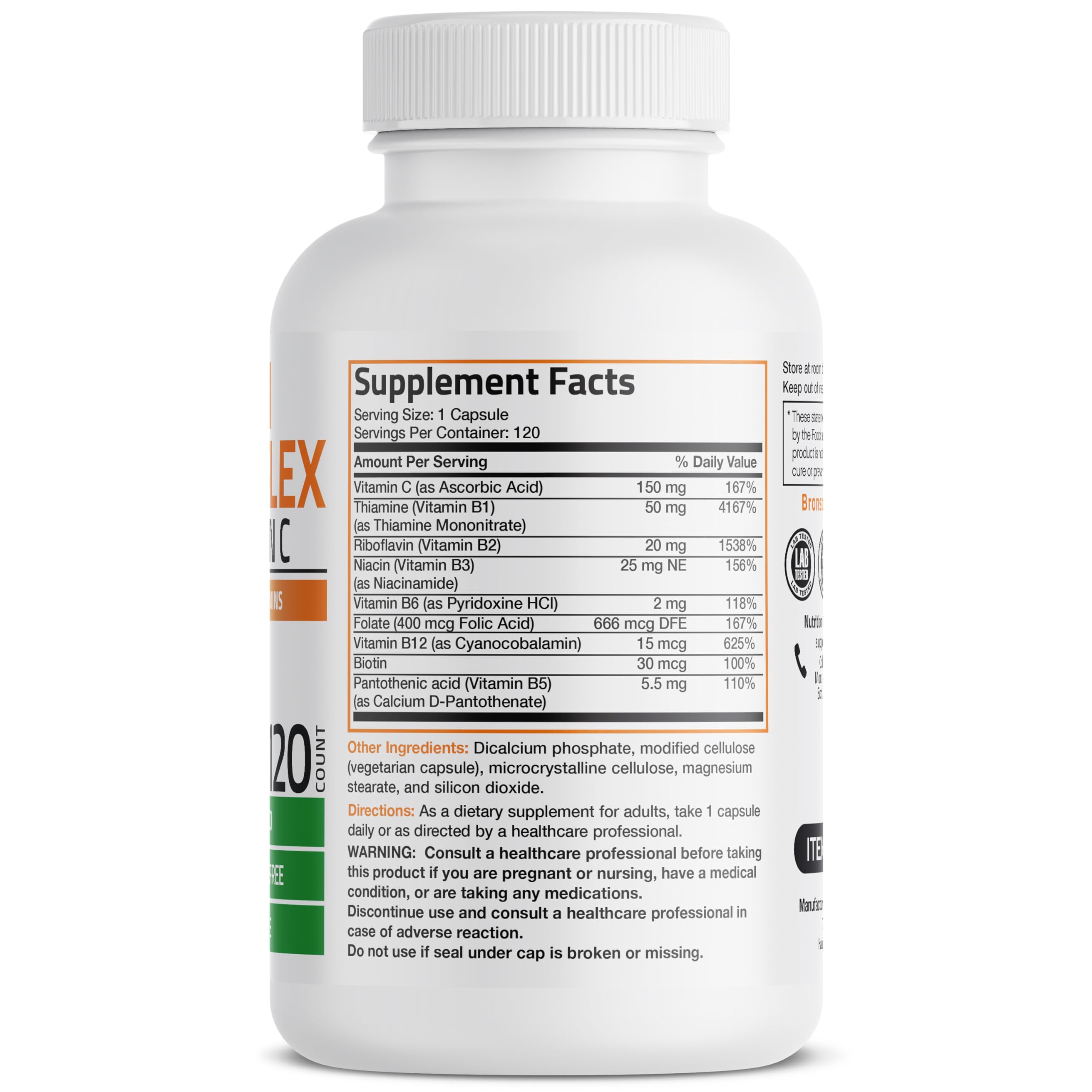 Bronson Vitamin B Complex capsules close-up showing vegetarian capsules for daily use.