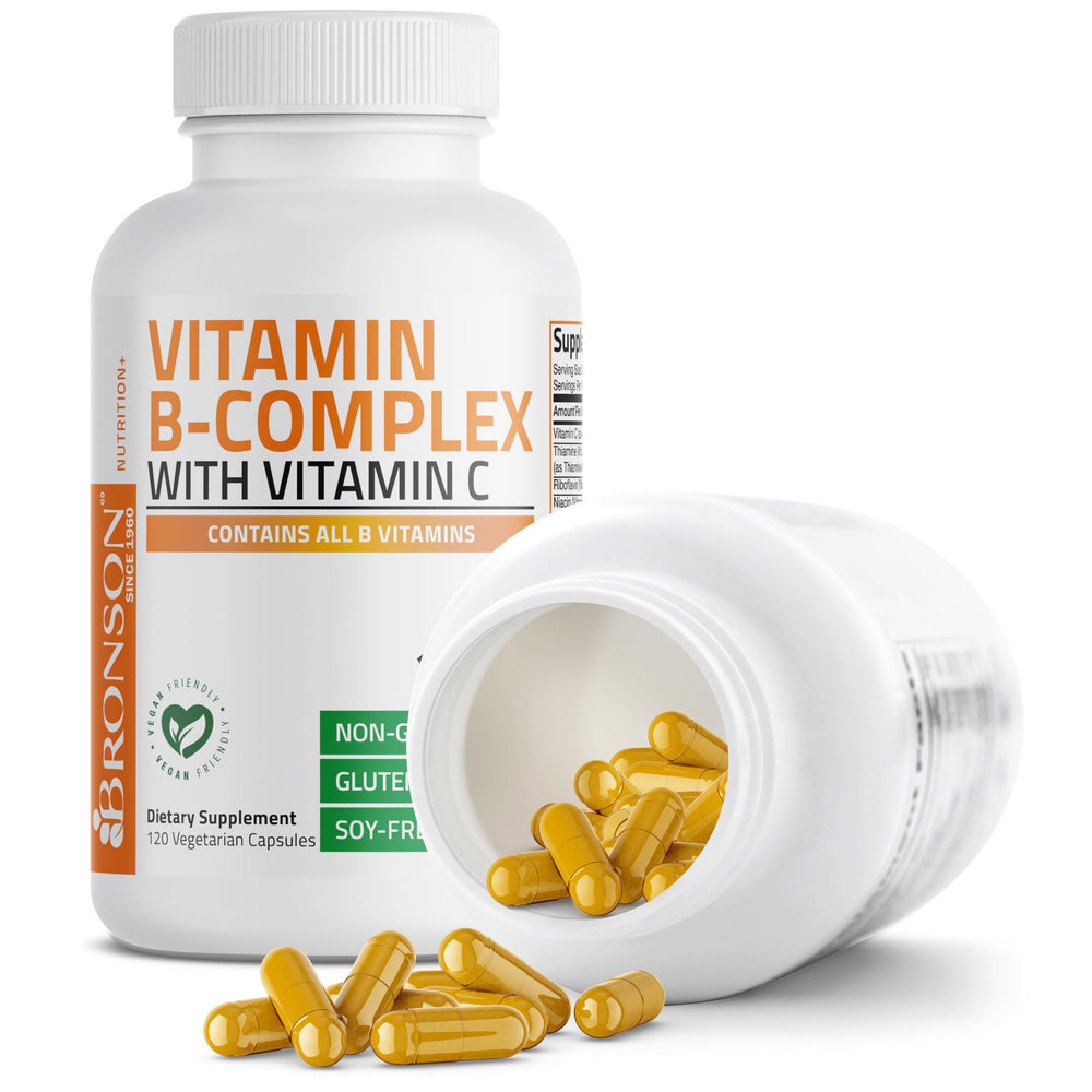 Bronson Vitamin B Complex capsules with a glass of water during a daily routine.