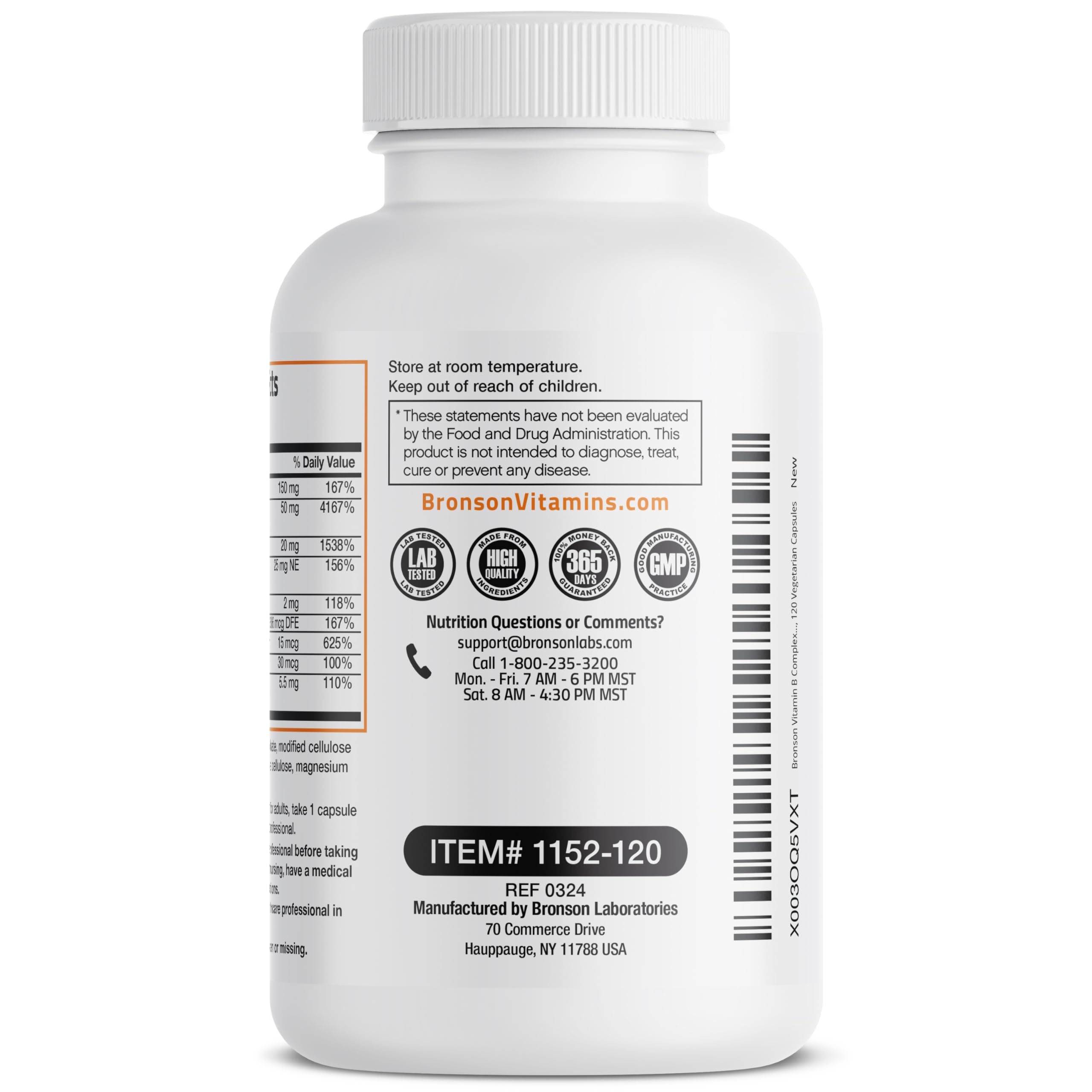 Bronson Vitamin B Complex label shows gluten-free and soy-free options for sensitive diets.