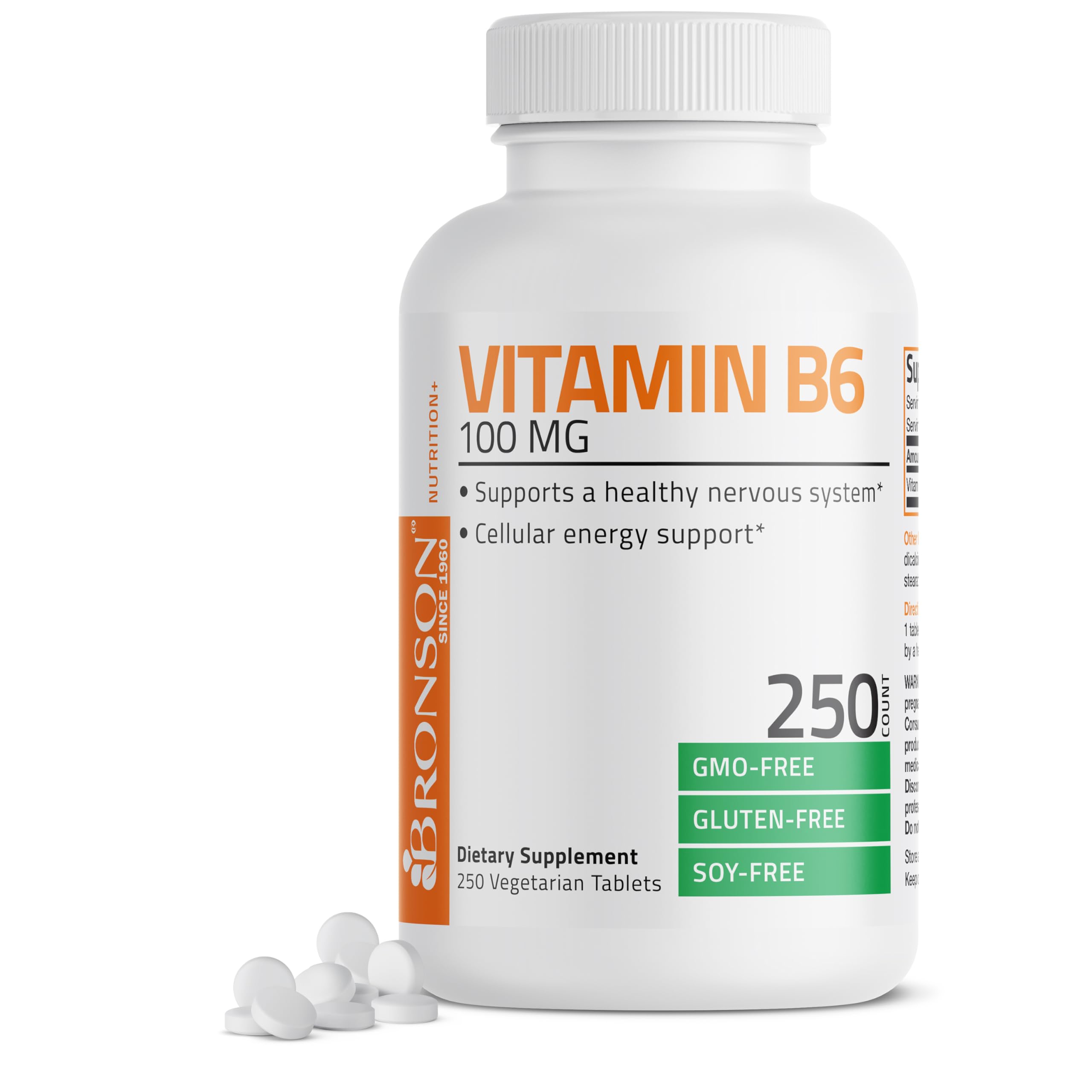 Bronson B6 100mg label back detailing supplement facts and quality control