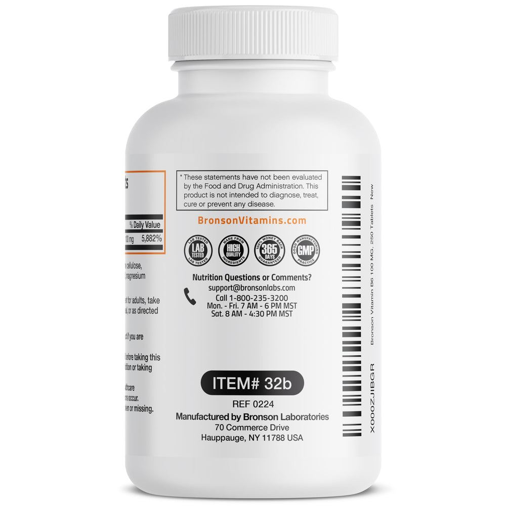 Bronson B6 100mg tablets close-up showing uniform pills for metabolism support
