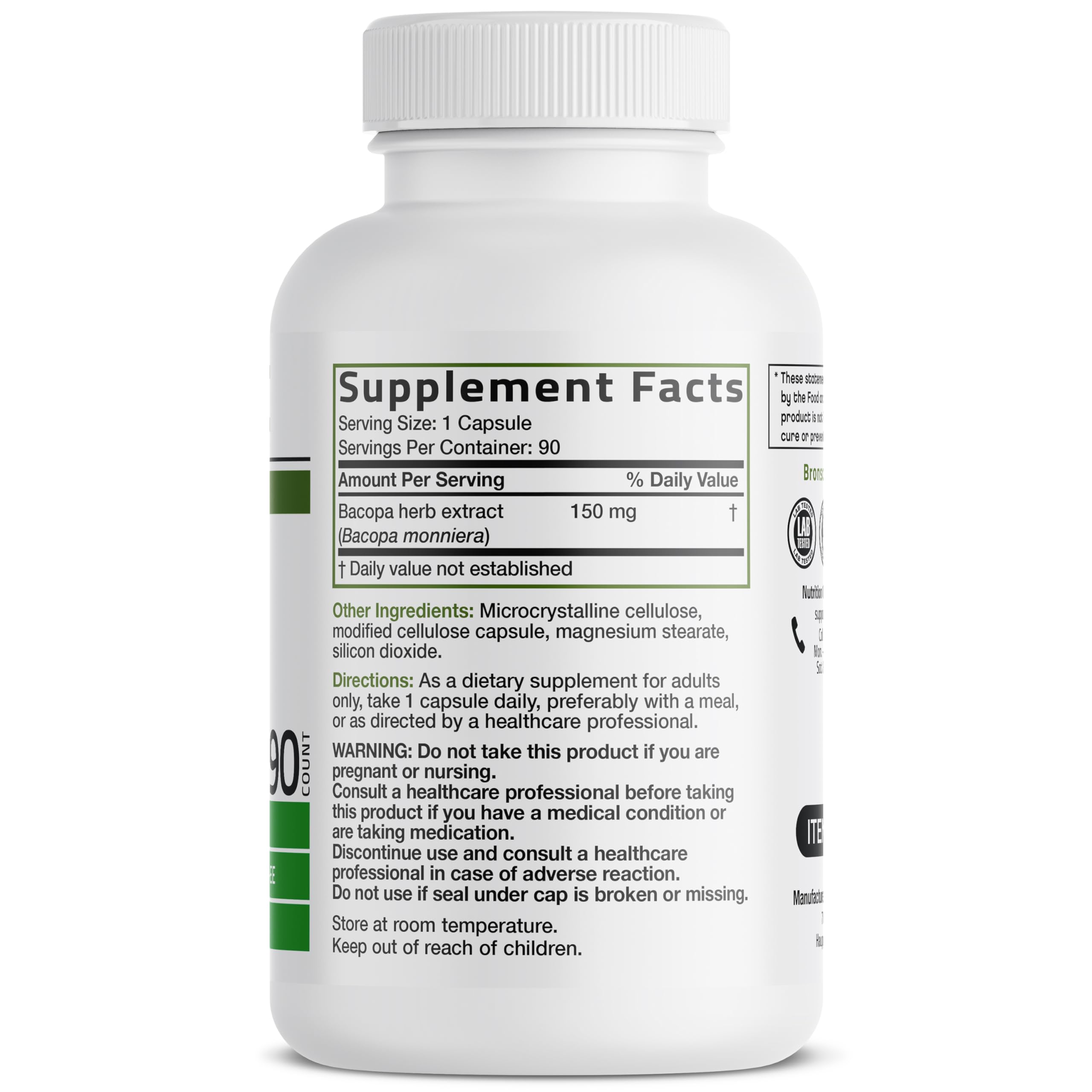 Bronson Bacopa capsules closeup highlights pills ready for daily use and routine.
