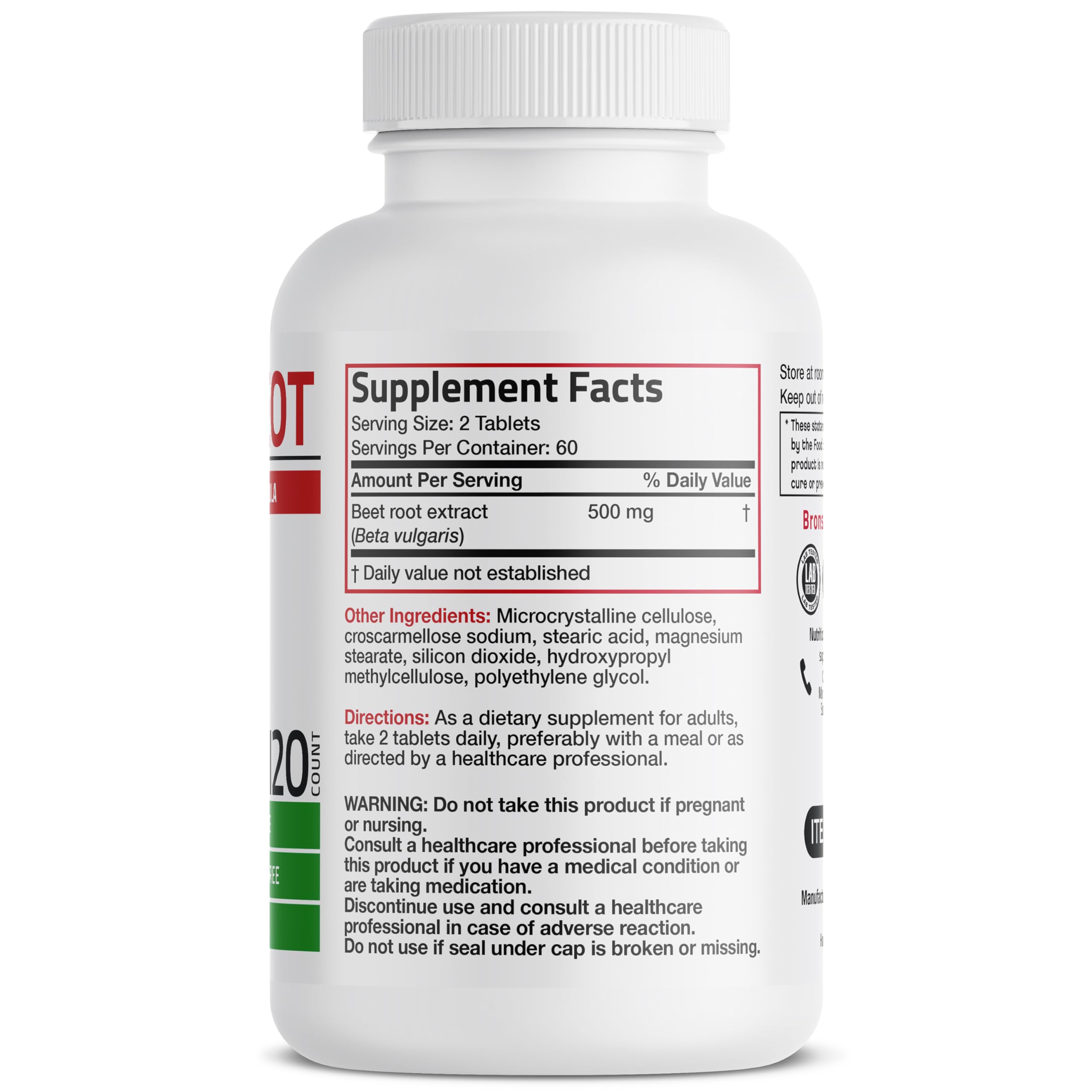 Bronson Beet Root Extra Strength bottle back with non-GMO and gluten-free notes visible.