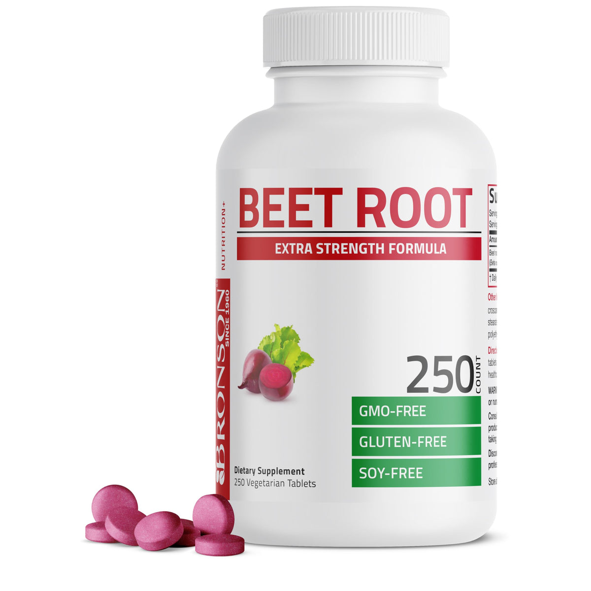 Bronson Beet Root Extra Strength tablets in packaging highlight non-GMO formulation.