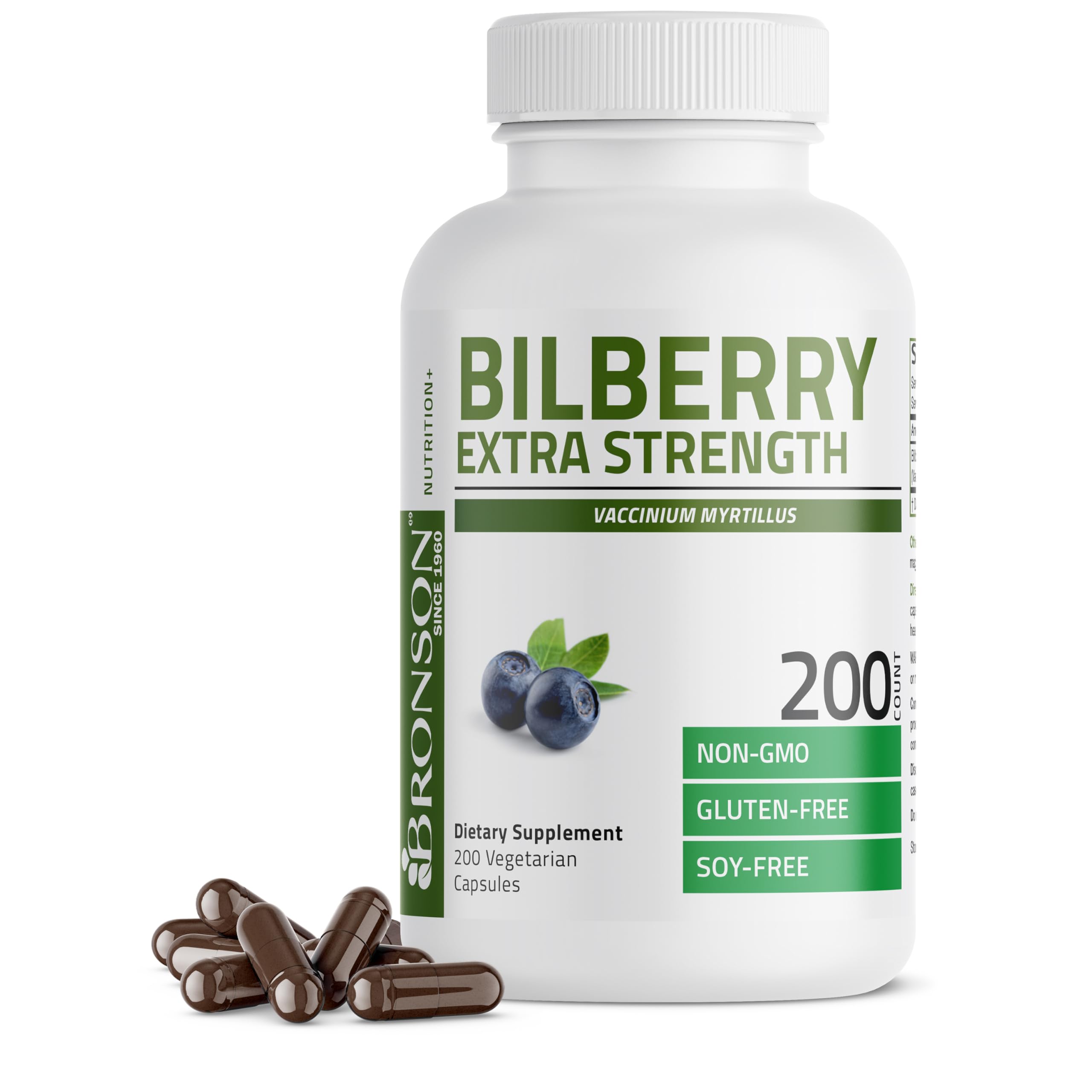 Bronson Bilberry Extra Strength bottle highlights eye health support and antioxidant benefits.