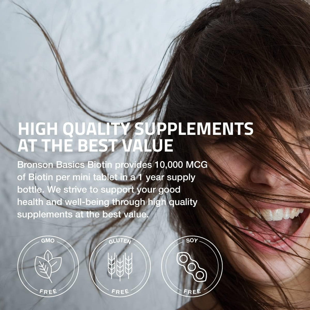 Bronson Biotin gluten-free and soy-free badge signals allergen-friendly option.