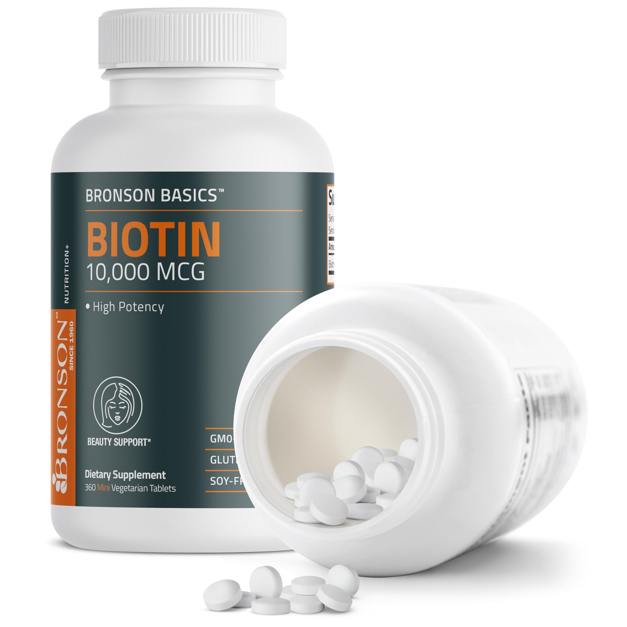 Bronson Biotin ingredients label scan; non-GMO, gluten-free and soy-free formula highlighted.