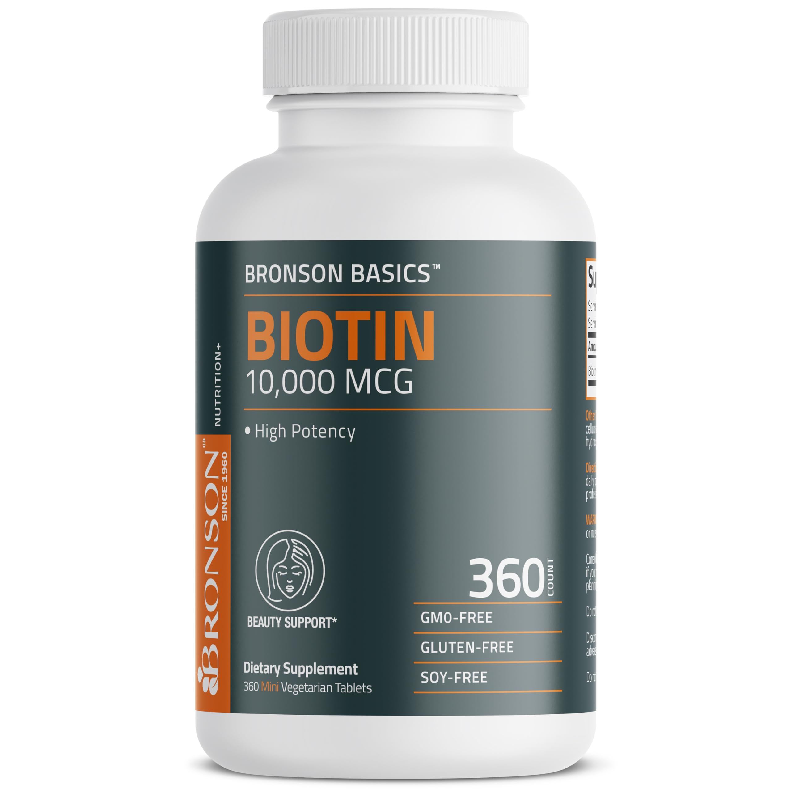 Bronson Biotin mini-tablets; hair and nails support is clearly visible.