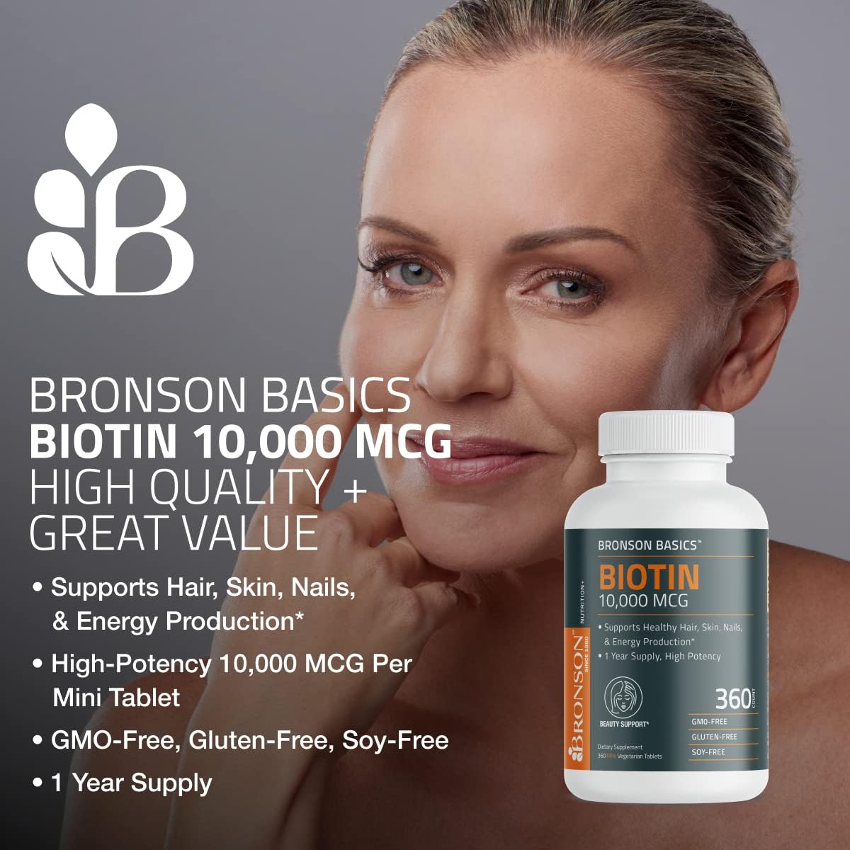 Bronson Biotin vegetarian non-GMO label highlighting a plant-friendly supplement.