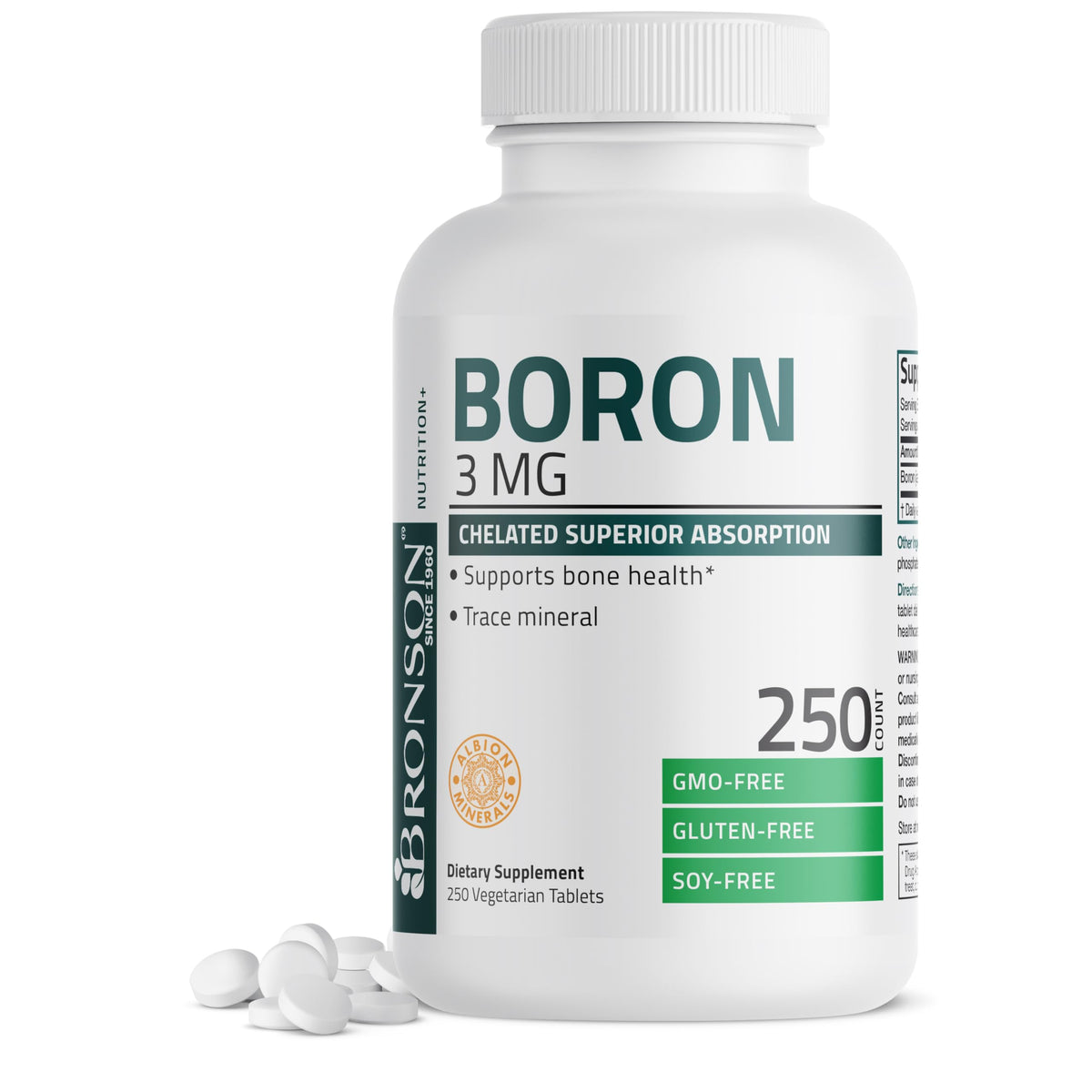 Bronson Boron 3 mg chelated tablets on label highlighting high absorption potential.