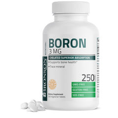 Bronson Boron 3 mg chelated tablets on label highlighting high absorption potential.