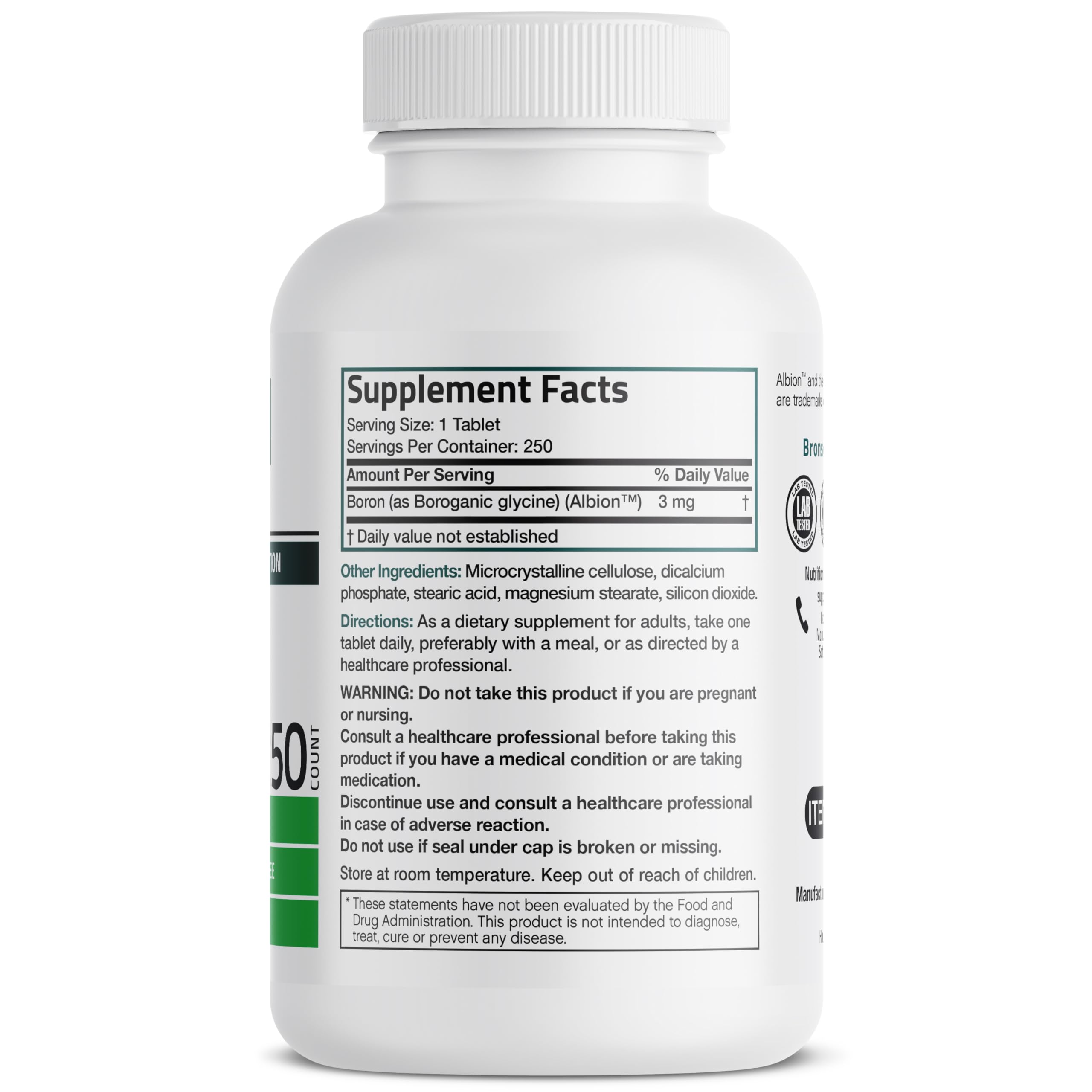 Bronson Boron bottle displayed on shelf shows GMO-free daily supplement.
