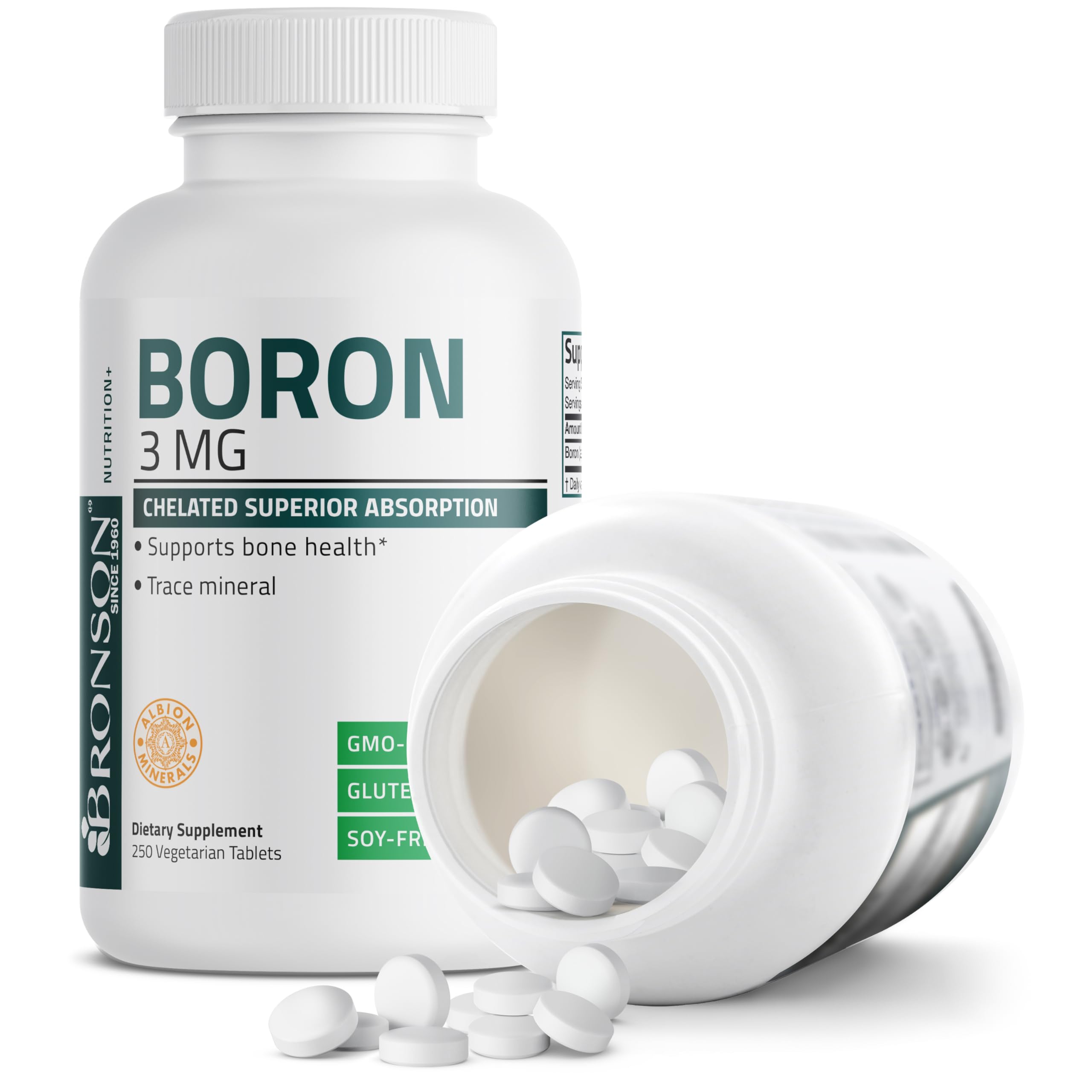 Bronson Boron bottle on wood surface suggests trusted quality and heritage.