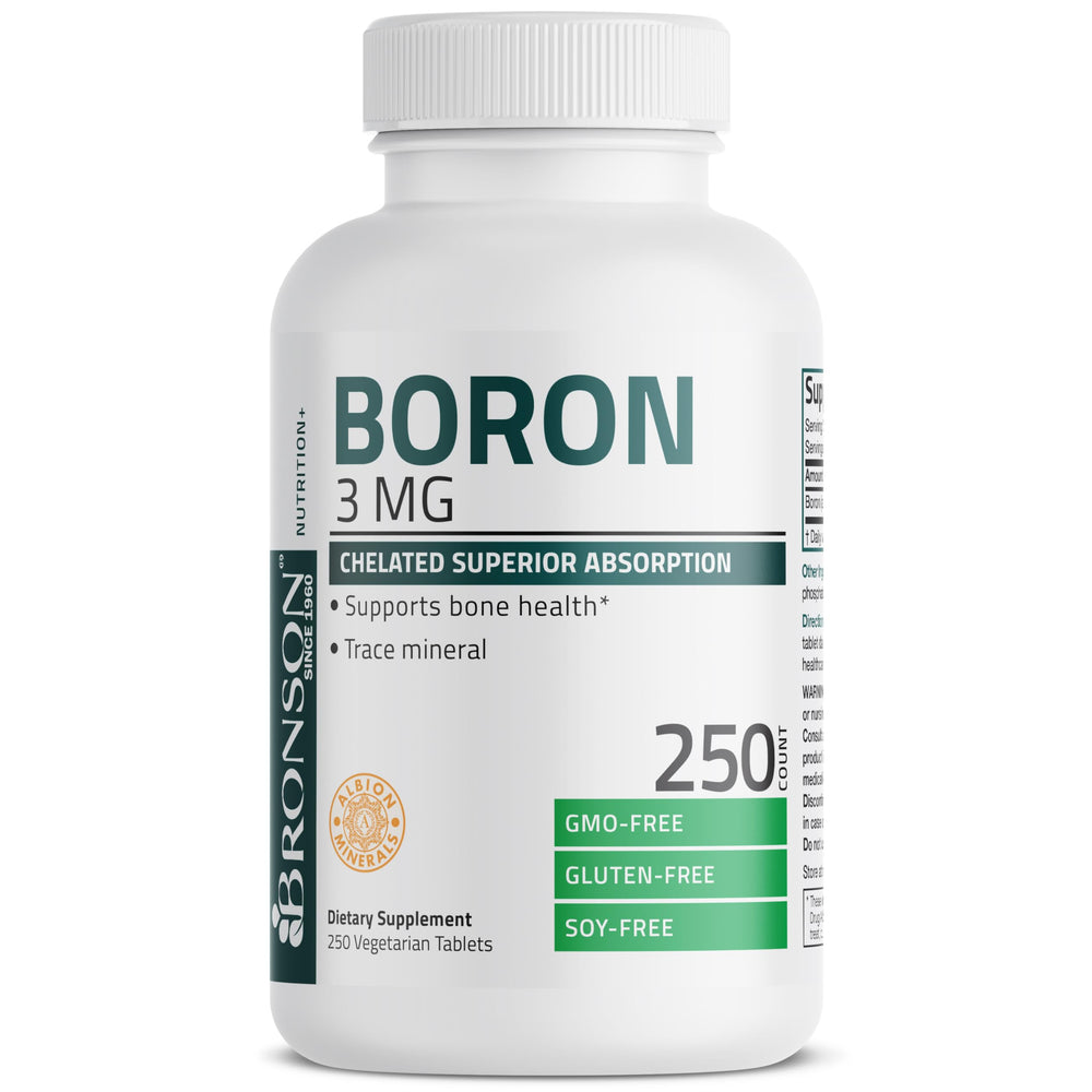 Bronson Boron packaging highlights non-GMO and vegetarian tablet counts.