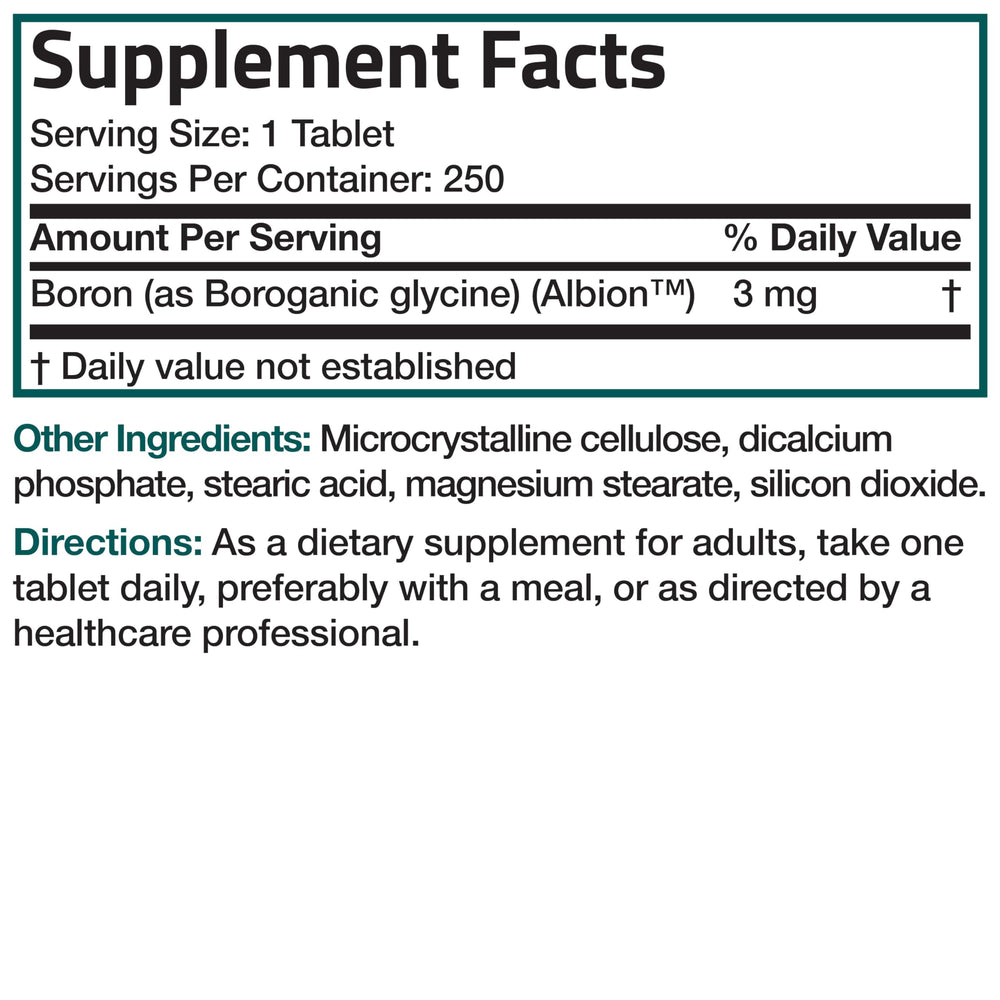Bronson Boron product facts panel mentions 250 vegetarian tablets.
