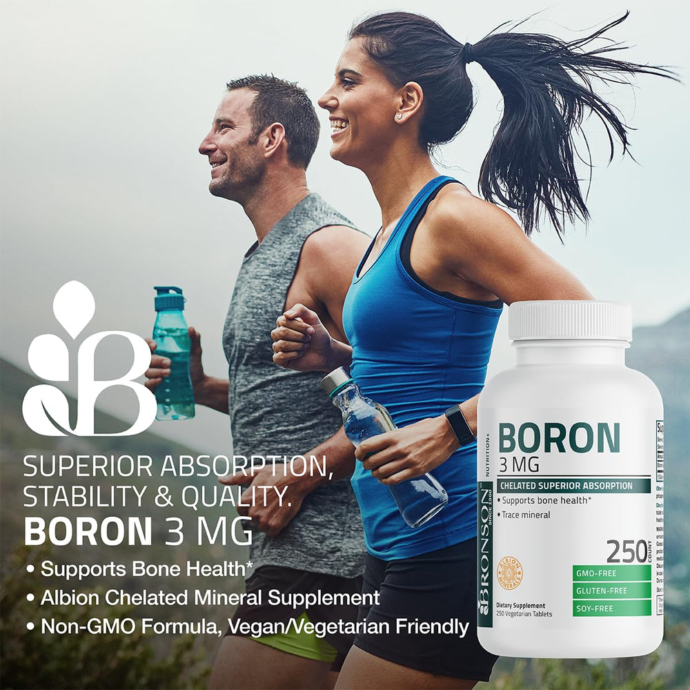 Bronson Boron close-up of tablets conveys premium gluten-free and soy-free formulation.