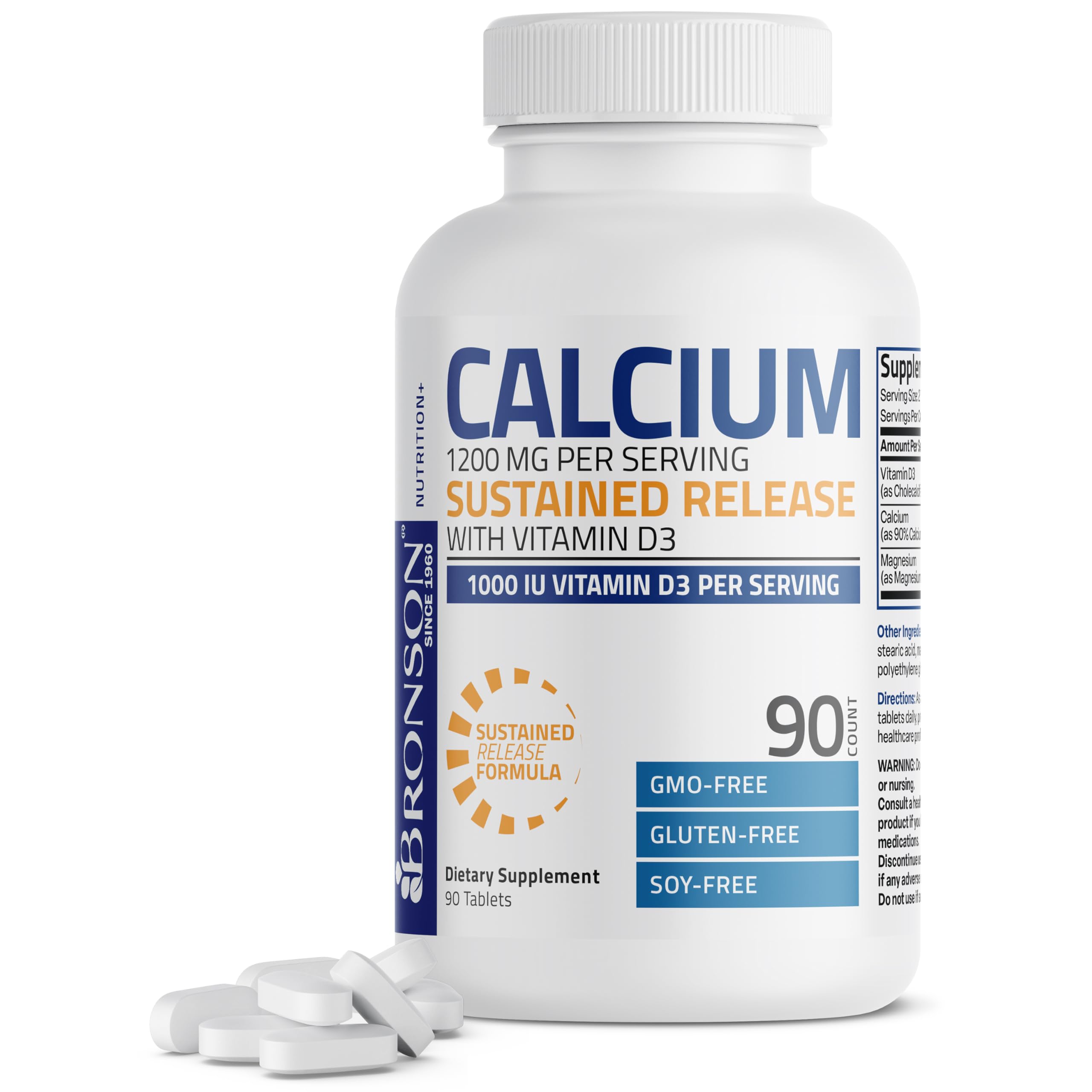 Bronson Calcium 1200 mg sustained-release bottle showing steady calcium delivery.