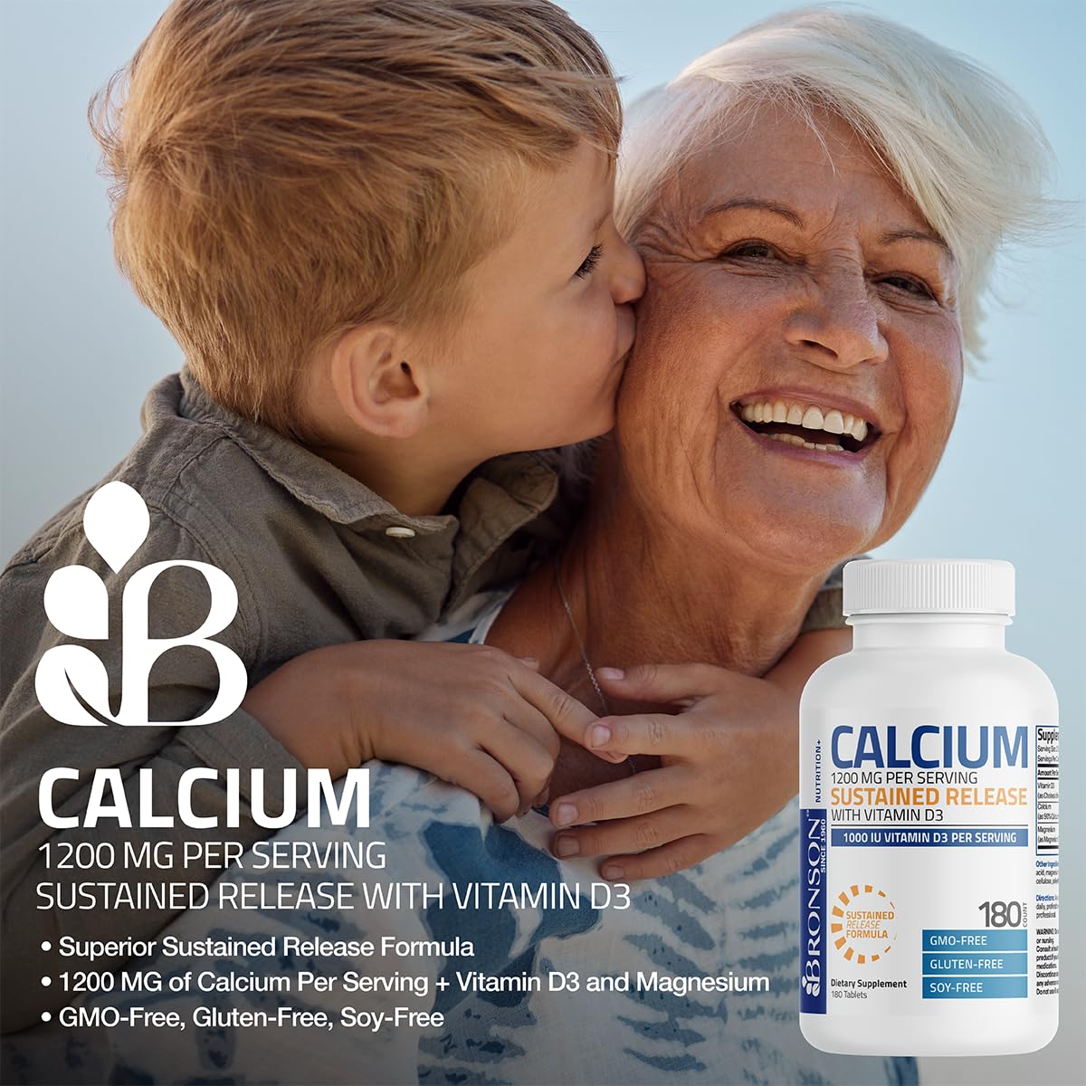 Bronson calcium tablet close-up, easy-to-swallow round tablet.