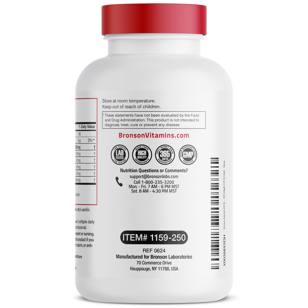 Bronson Omega-rich ingredients illustration highlights daily intake for overall well-being.