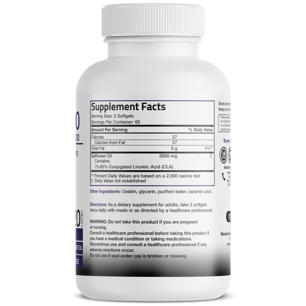 Bronson CLA 3000 bottle label; non-stimulating CLA from safflower.
