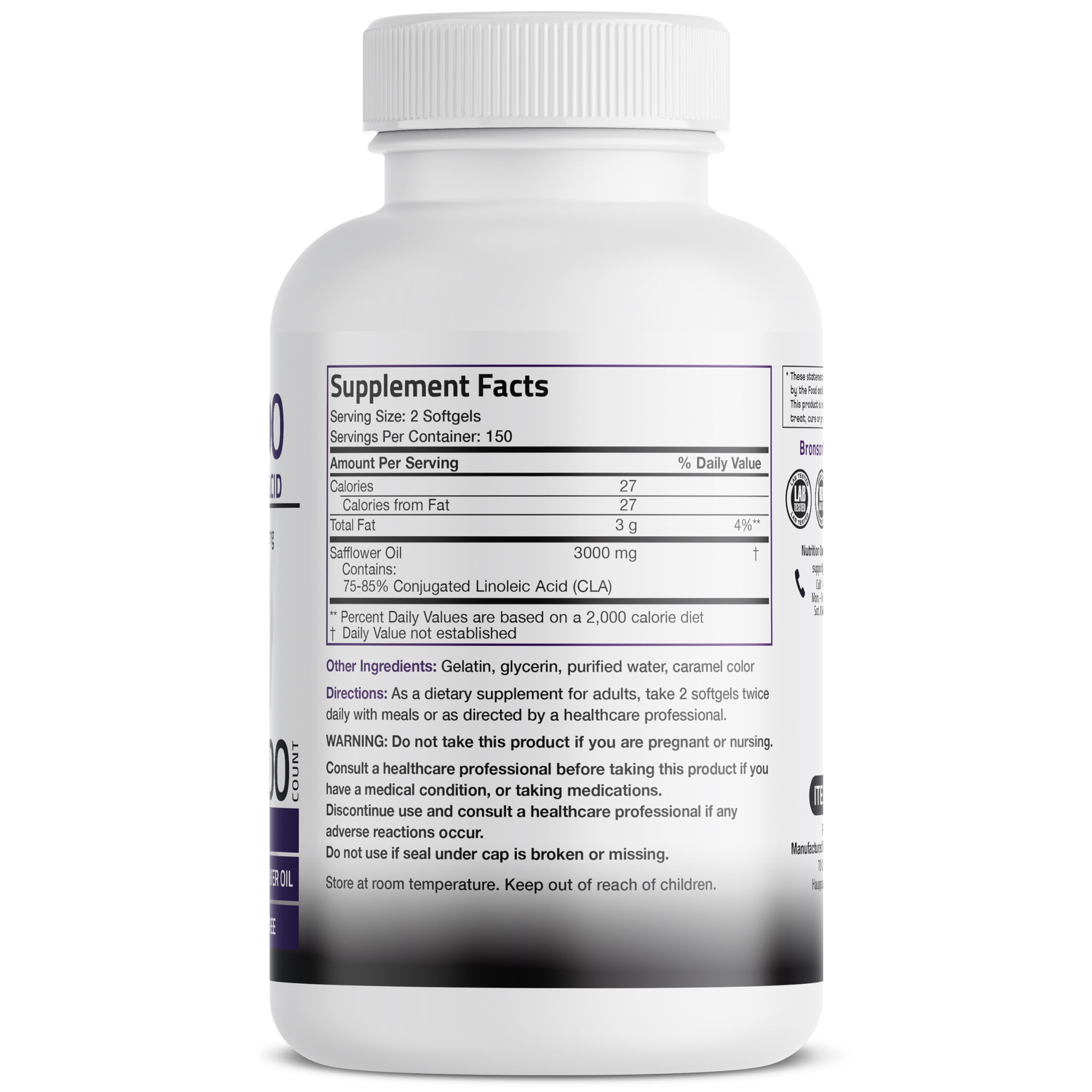 Bronson CLA 3000 softgels closeup for easy daily intake.