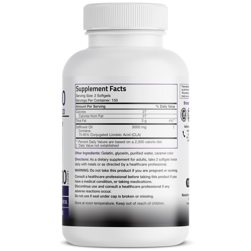 Bronson CLA 3000 softgels closeup for easy daily intake.